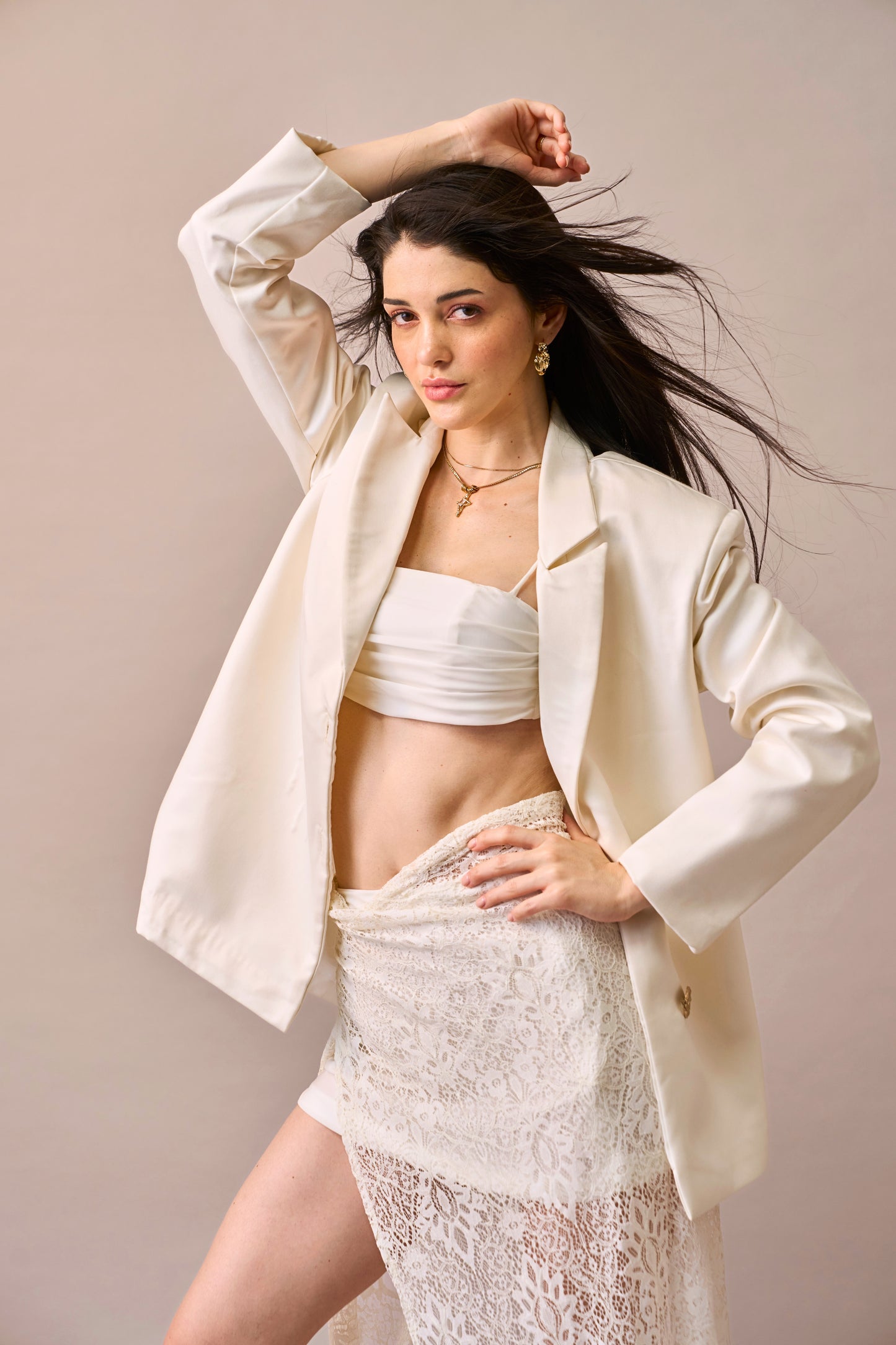 Cloud Drape - Ivory Oversized Jacket with Bralette & Lace Maxi Skirt 3-piece Set