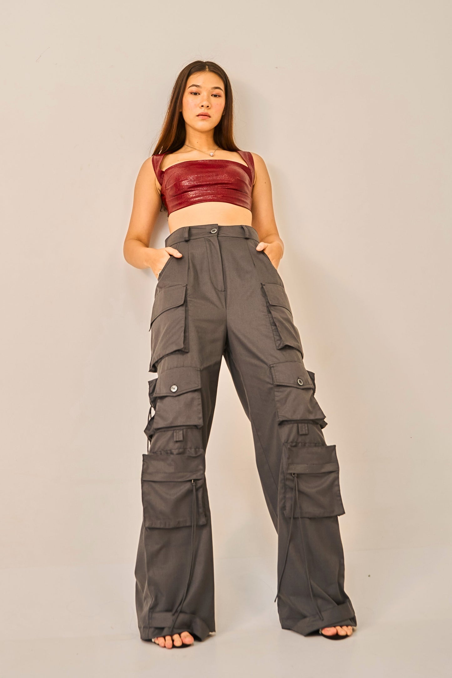 Crimson Steel - Textured Faux Leather Crop Top for Women