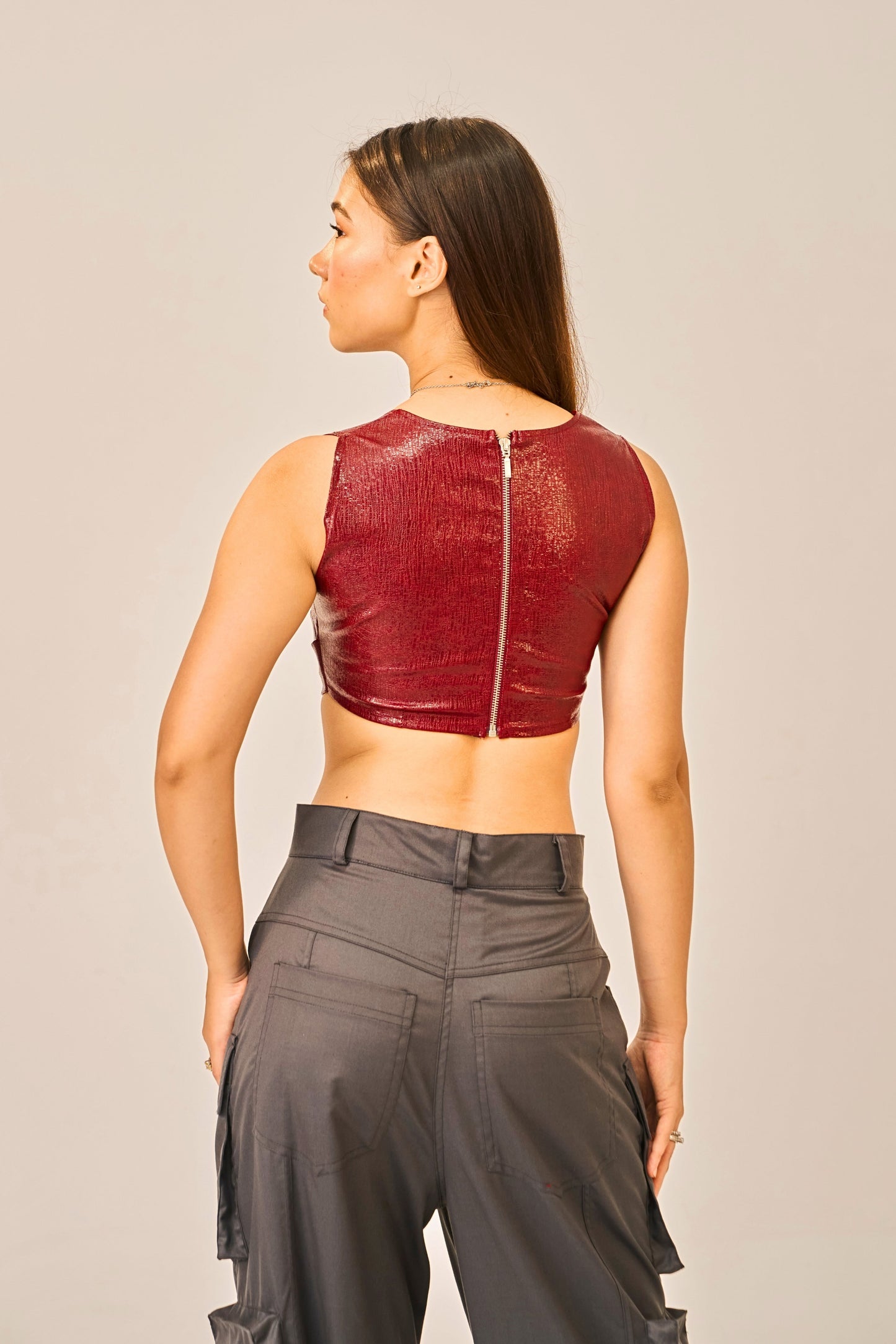 Crimson Steel - Textured Faux Leather Crop Top for Women