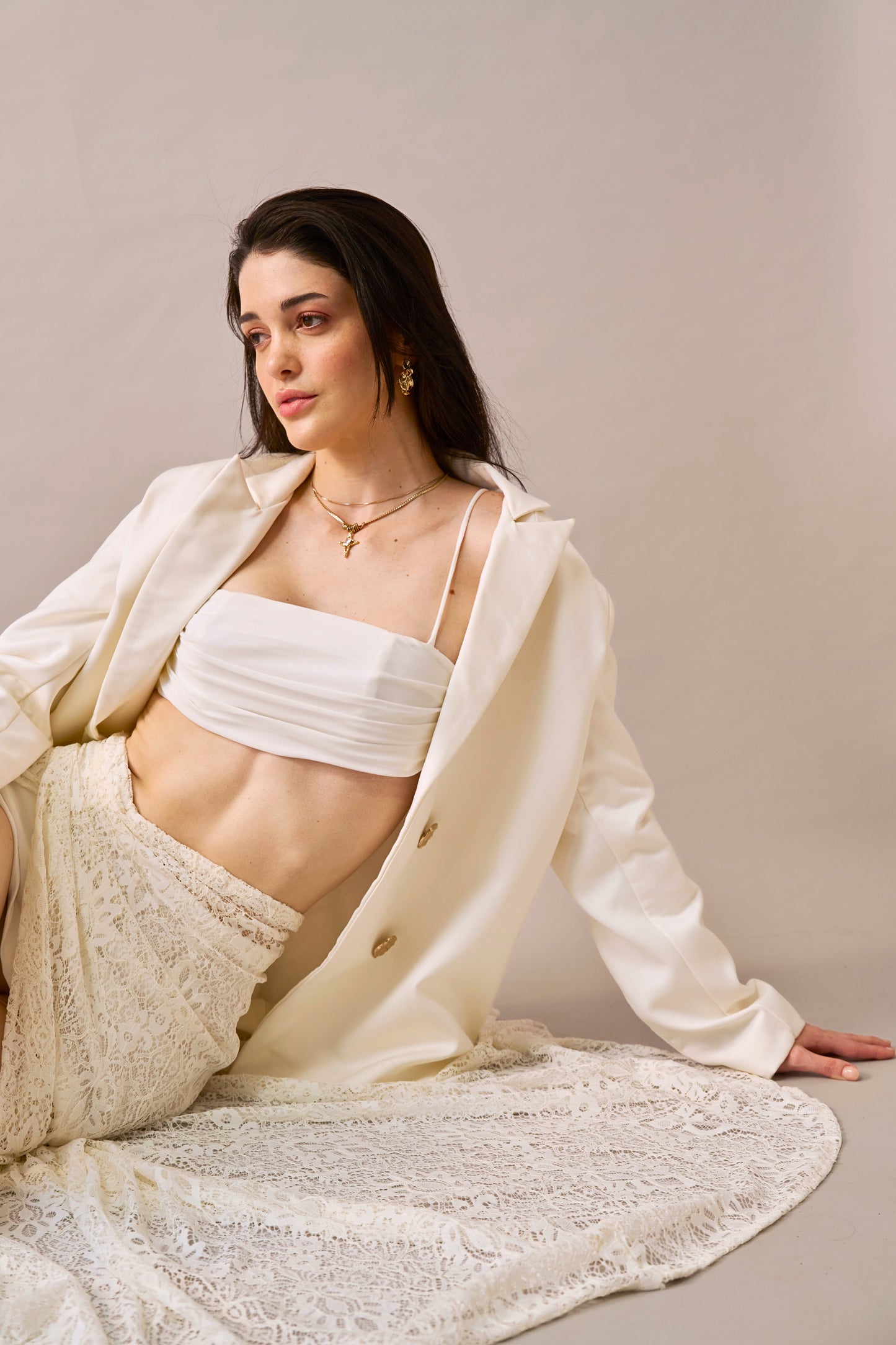 Cloud Drape - Ivory Oversized Jacket with Bralette & Lace Maxi Skirt 3-piece Set