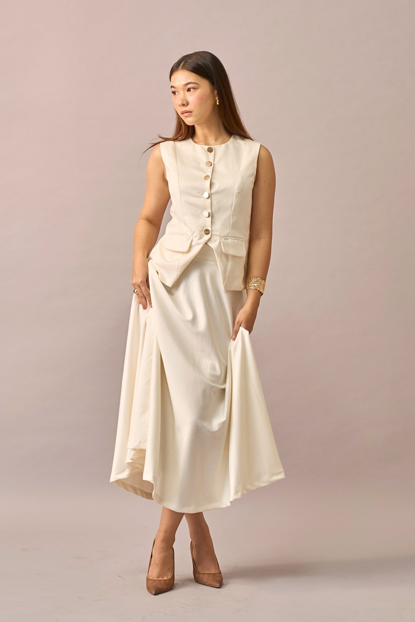 Ivory Hour - Mid-waist A-line Ivory Midi Skirt for Women