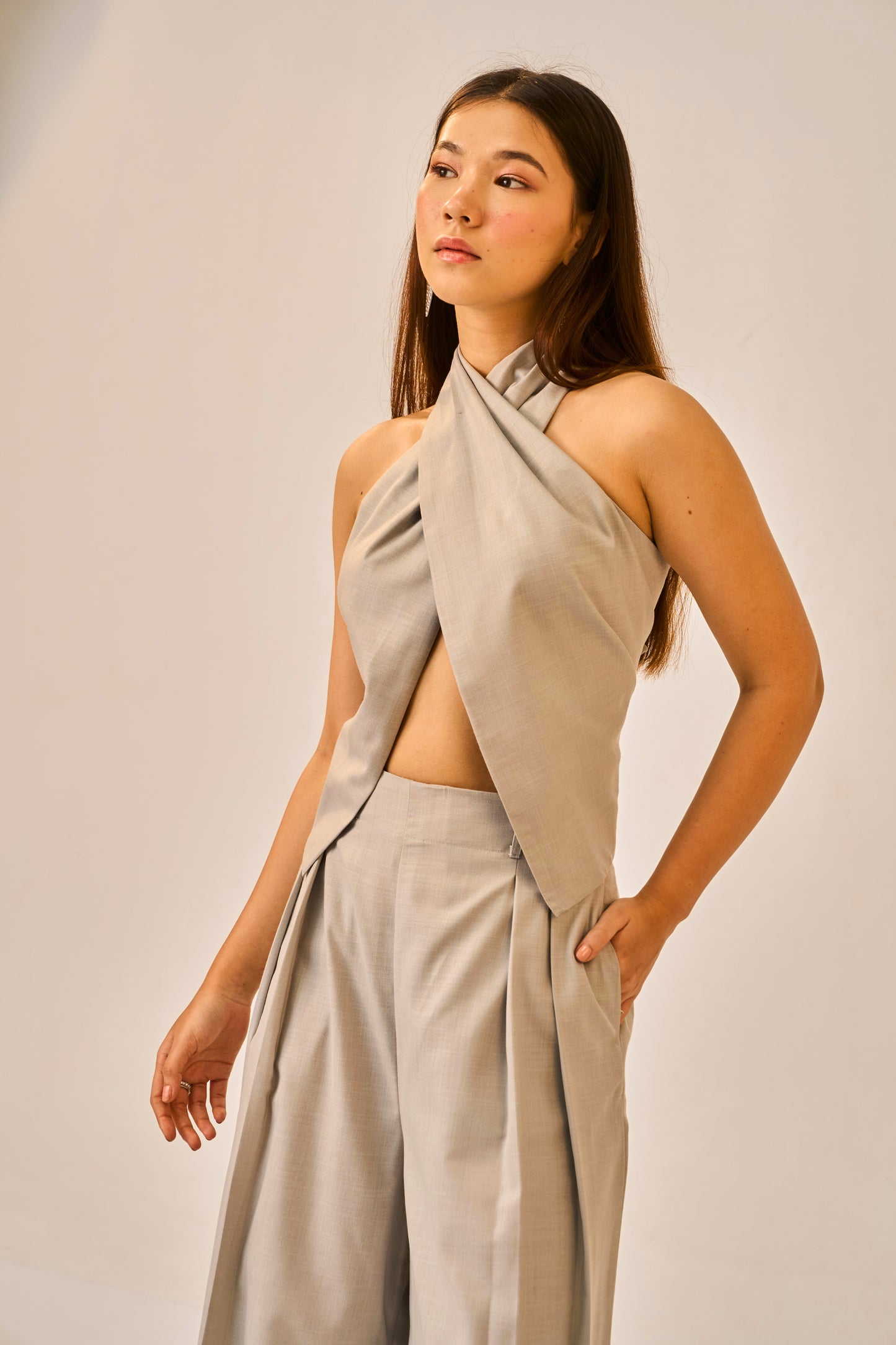 Quiet Current – Grey Halter Wrap Top for Women