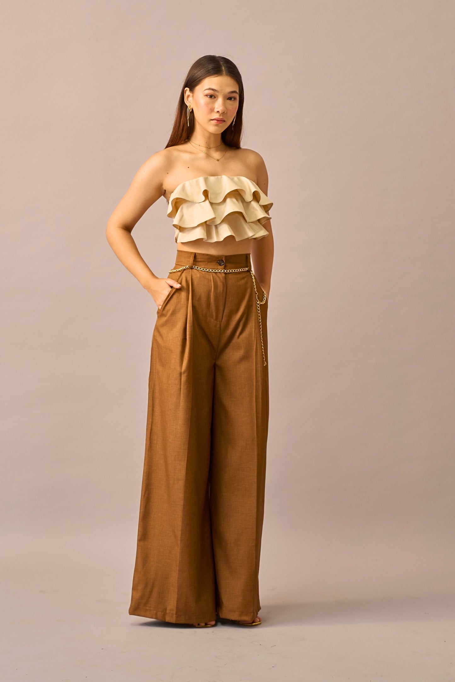 Caramel Pop – Ruffled Bandeau Crop Top & High Waist Trousers Coord set for Women