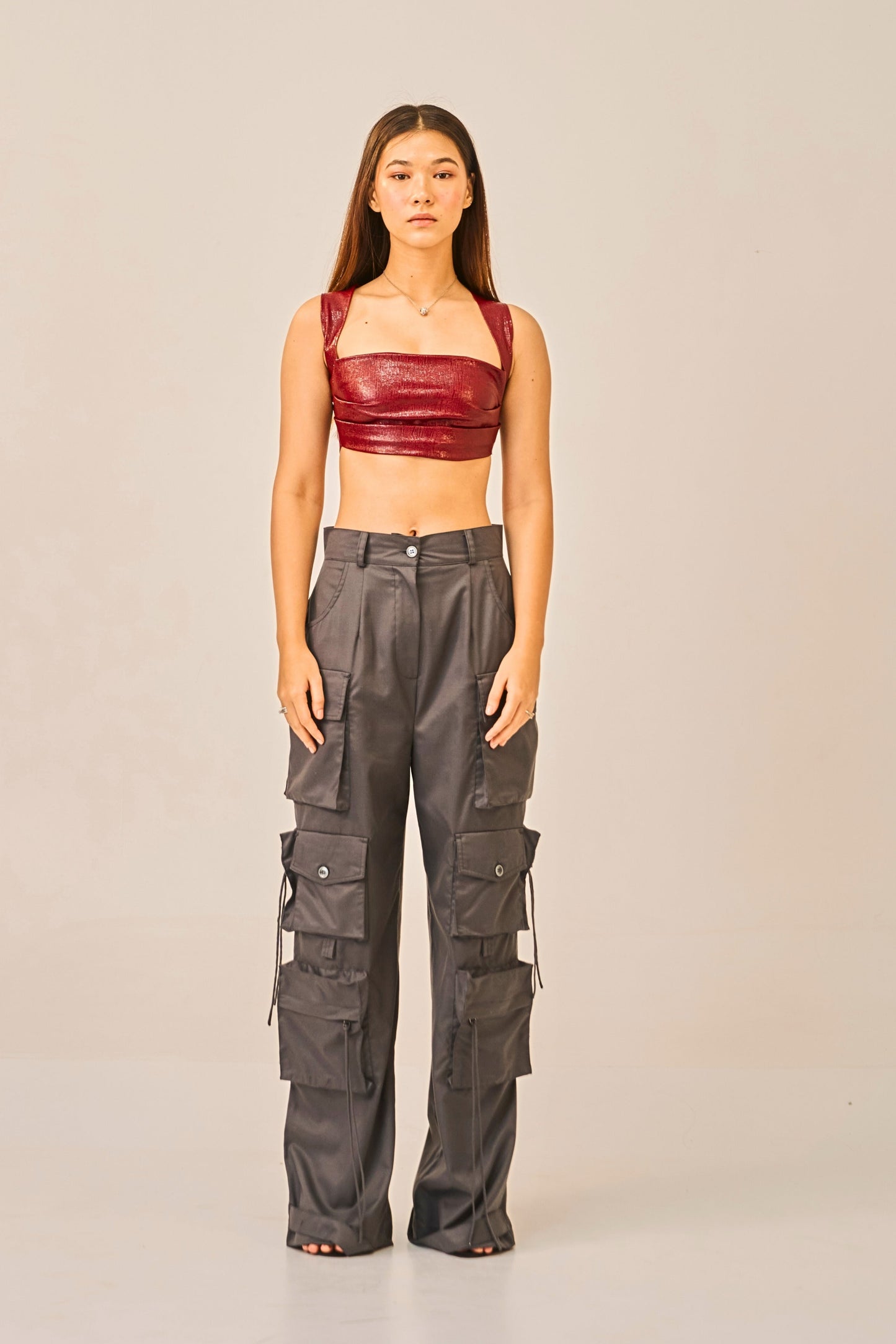 Crimson Steel - Textured Faux Leather Crop Top for Women