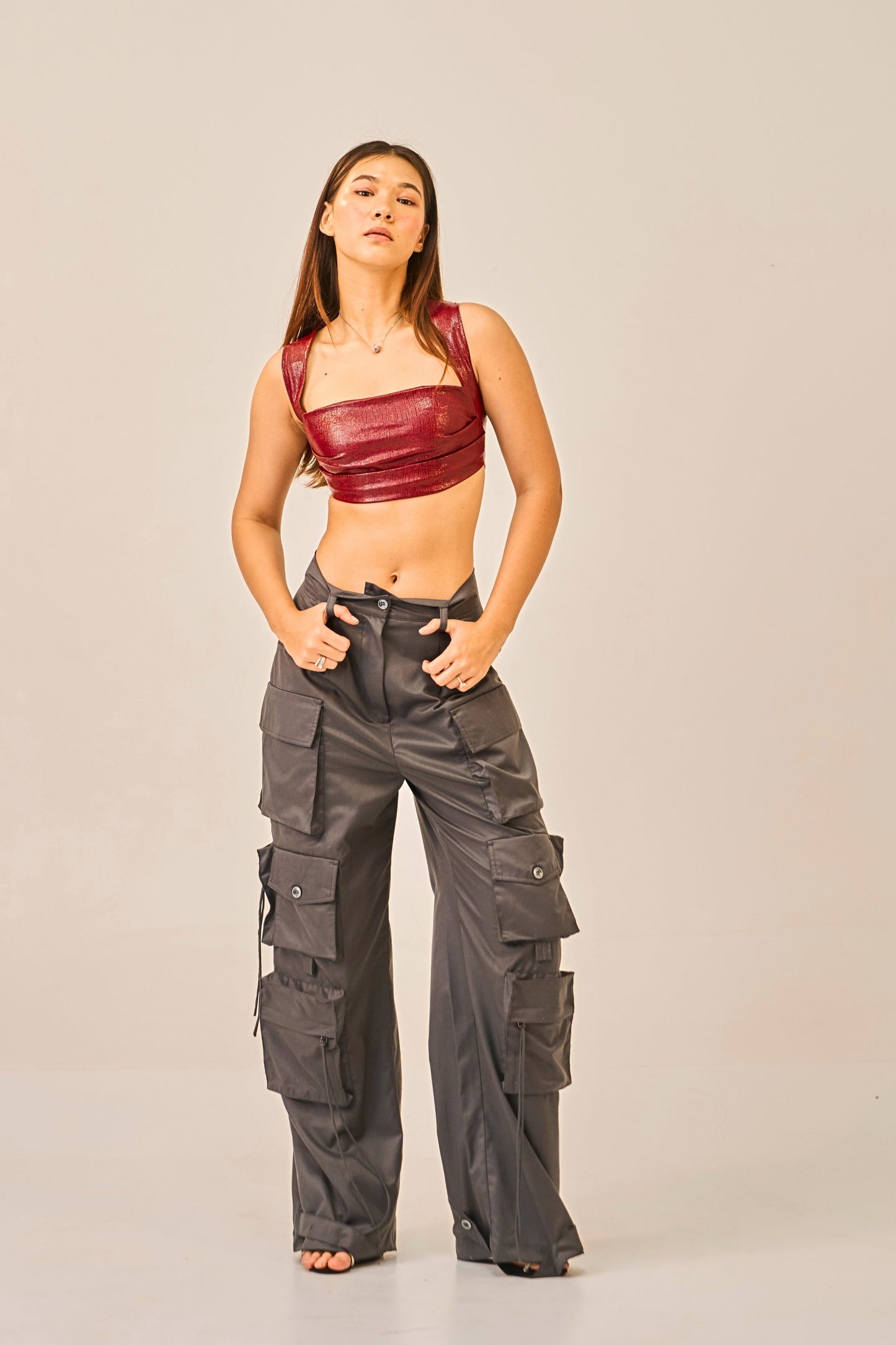 Crimson Steel - Textured Faux Leather Crop Top for Women
