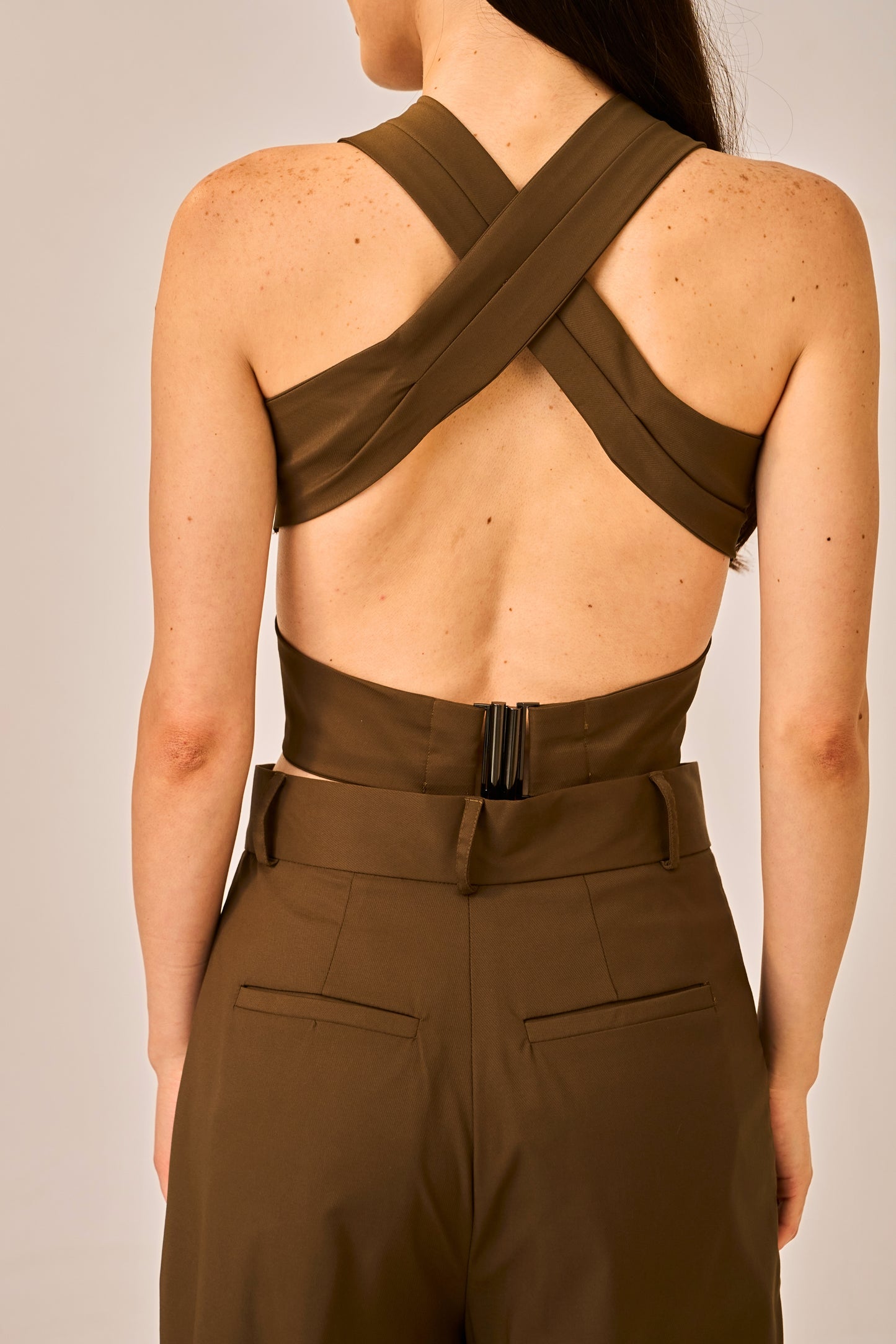 Cocoa Drape - Olive Brown Wrap Cross Crop Top for Women
