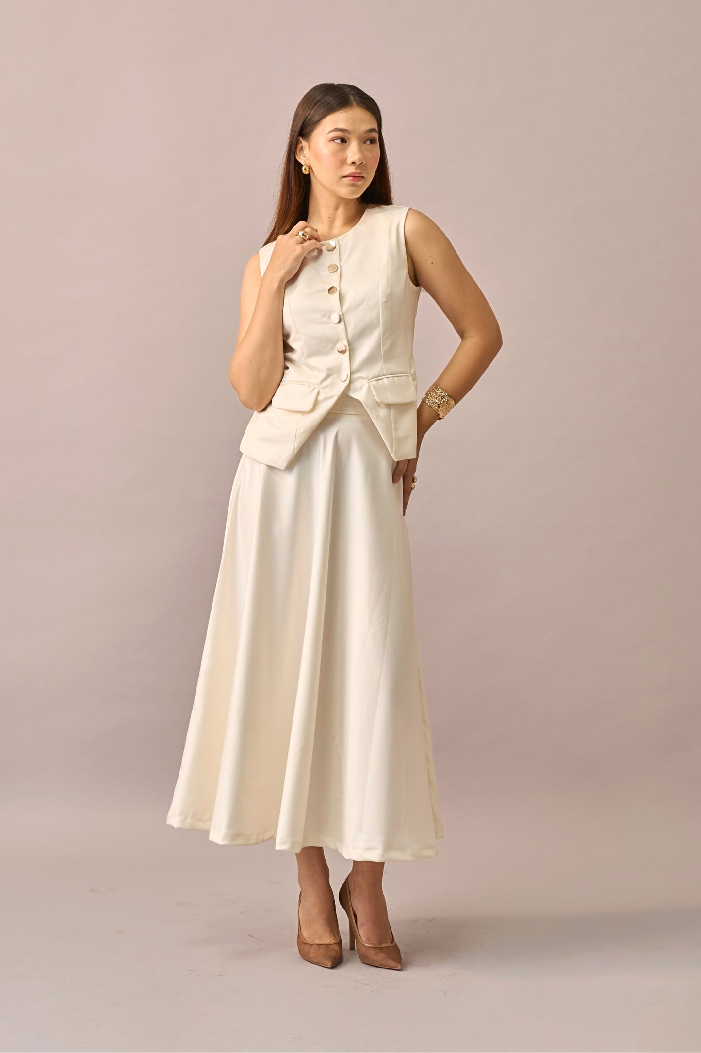 Ivory Hour - Mid-waist A-line Ivory Midi Skirt for Women