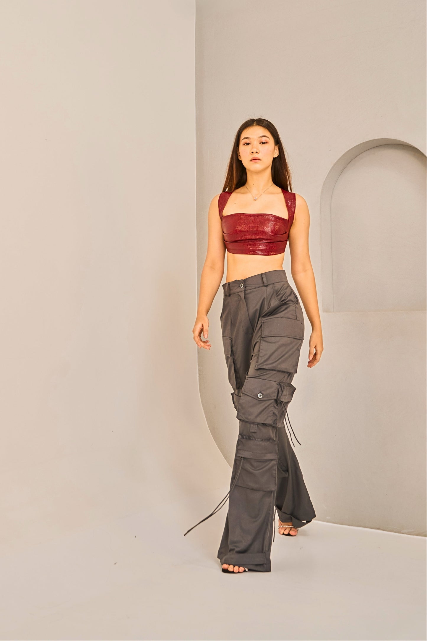 Crimson Steel - Textured Faux Leather Crop Top for Women