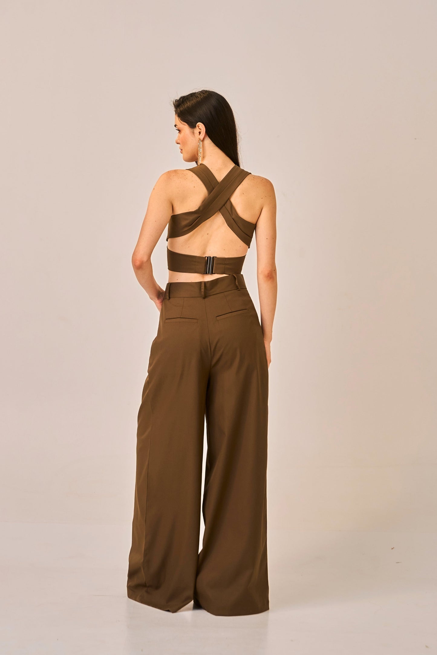 Cocoa Drape - Olive Brown Wrap Cross Crop Top for Women