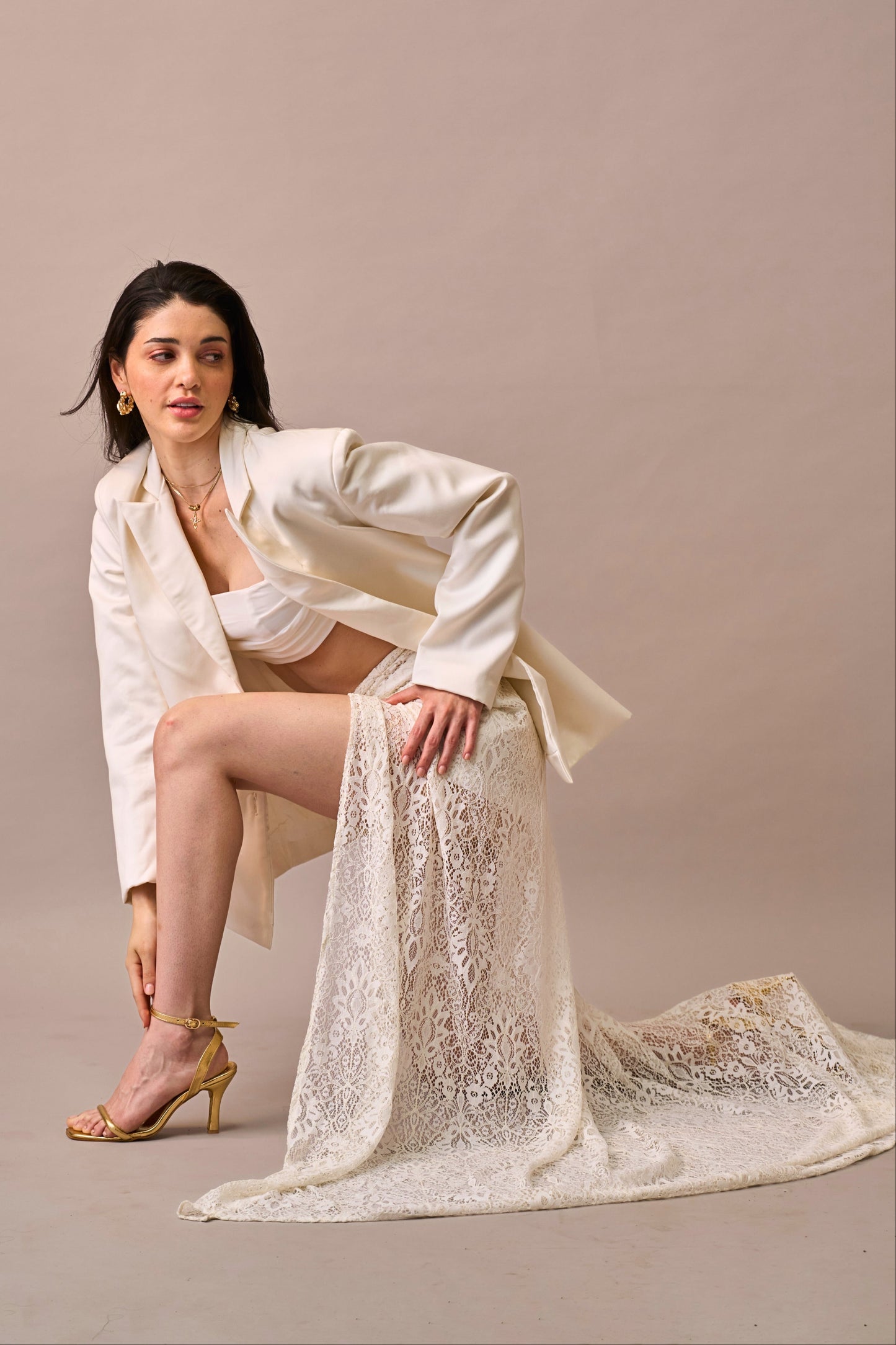 Cloud Drape - Ivory Oversized Jacket with Bralette & Lace Maxi Skirt 3-piece Set