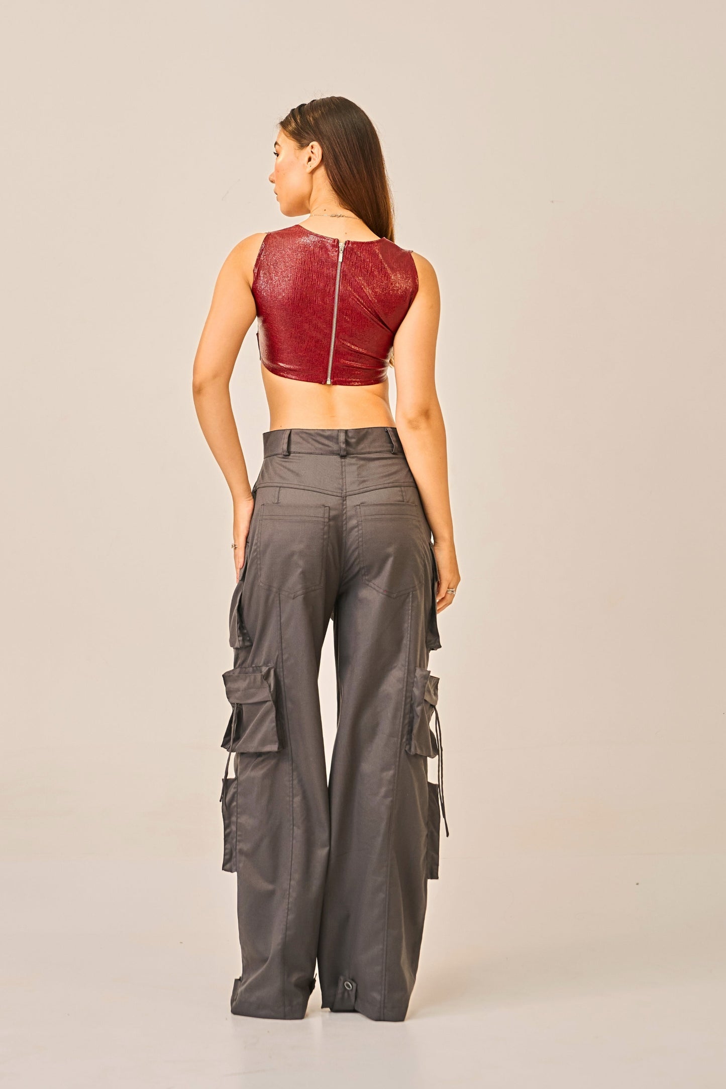 Crimson Steel - Textured Faux Leather Crop Top for Women