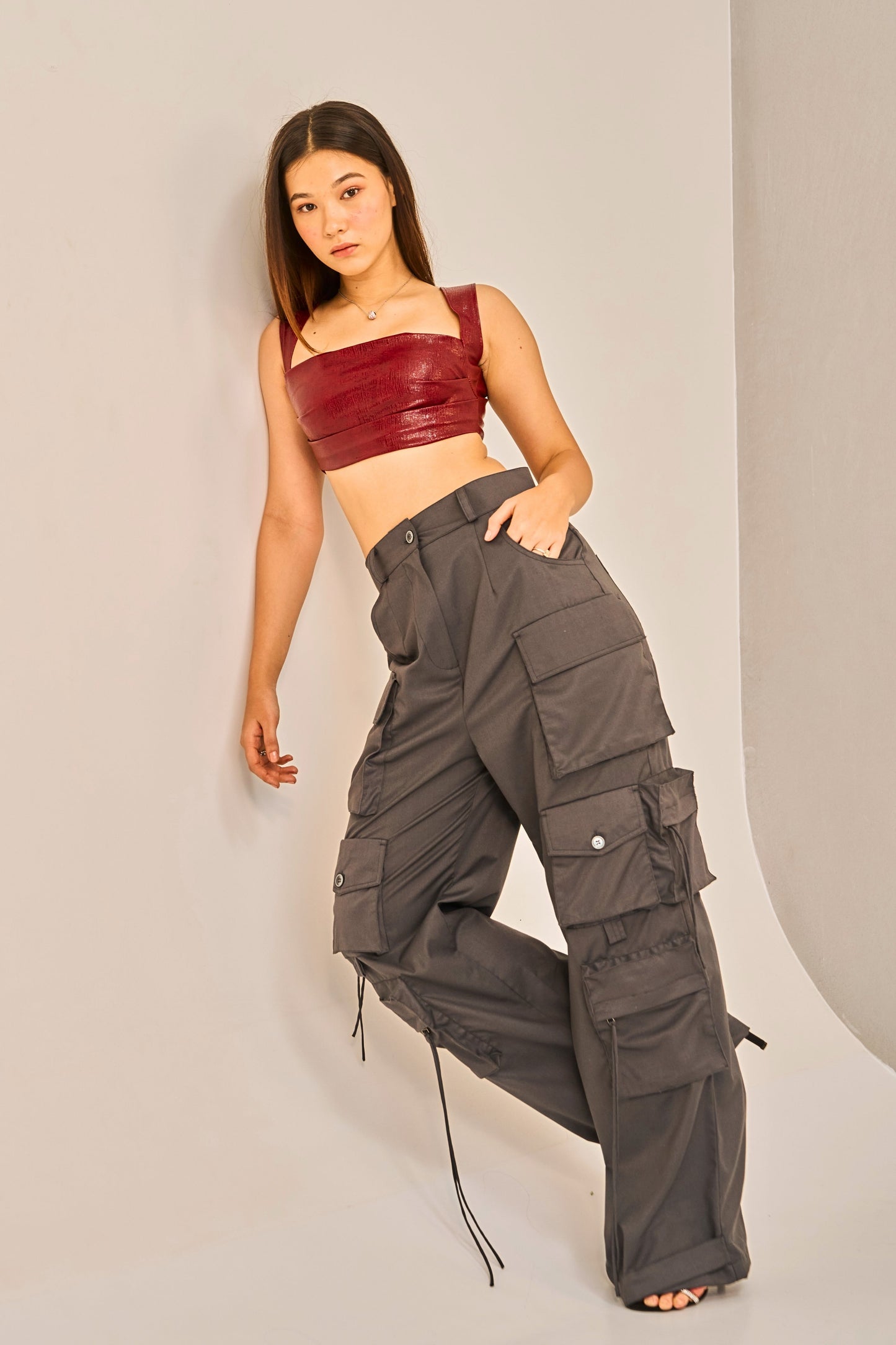 Crimson Steel - Textured Faux Leather Crop Top for Women
