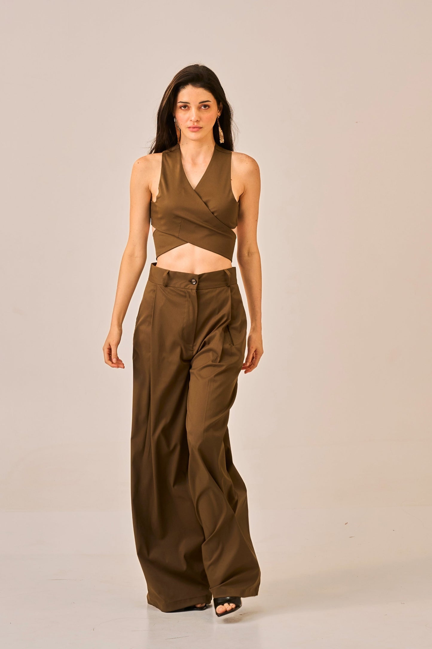 Cocoa Drape - Olive Brown Wrap Cross Crop Top for Women