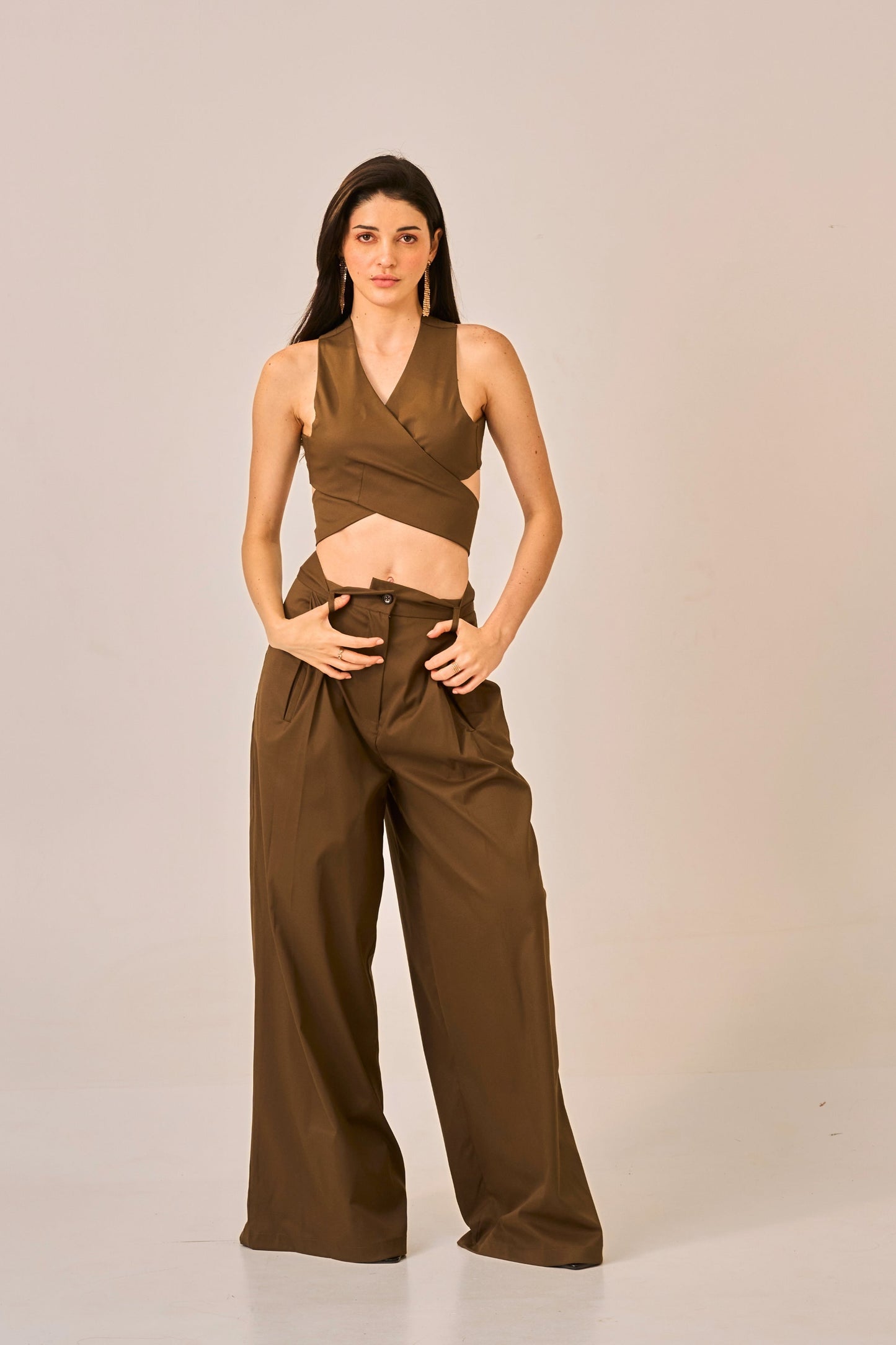 Cocoa Drape - Olive Brown Wrap Cross Crop Top for Women
