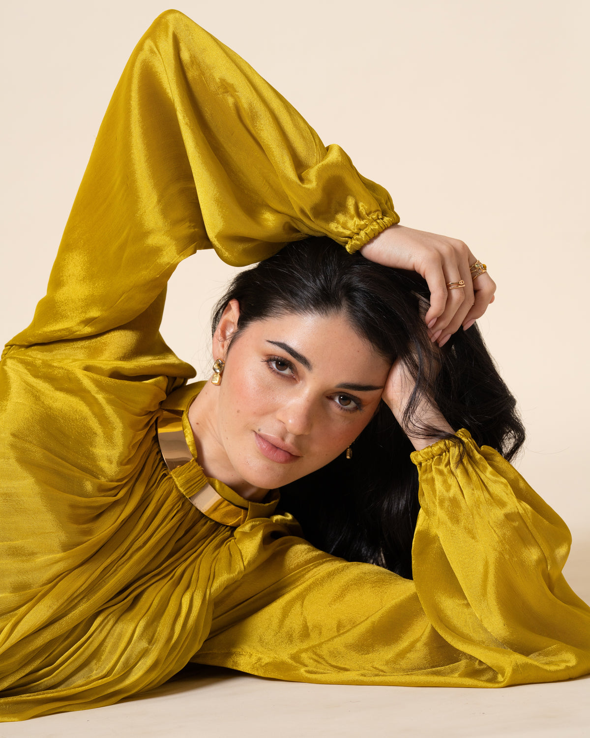 Falling Spell - Green Gold Chiffon Maxi Dress with Sculptural Gold Neck Detail