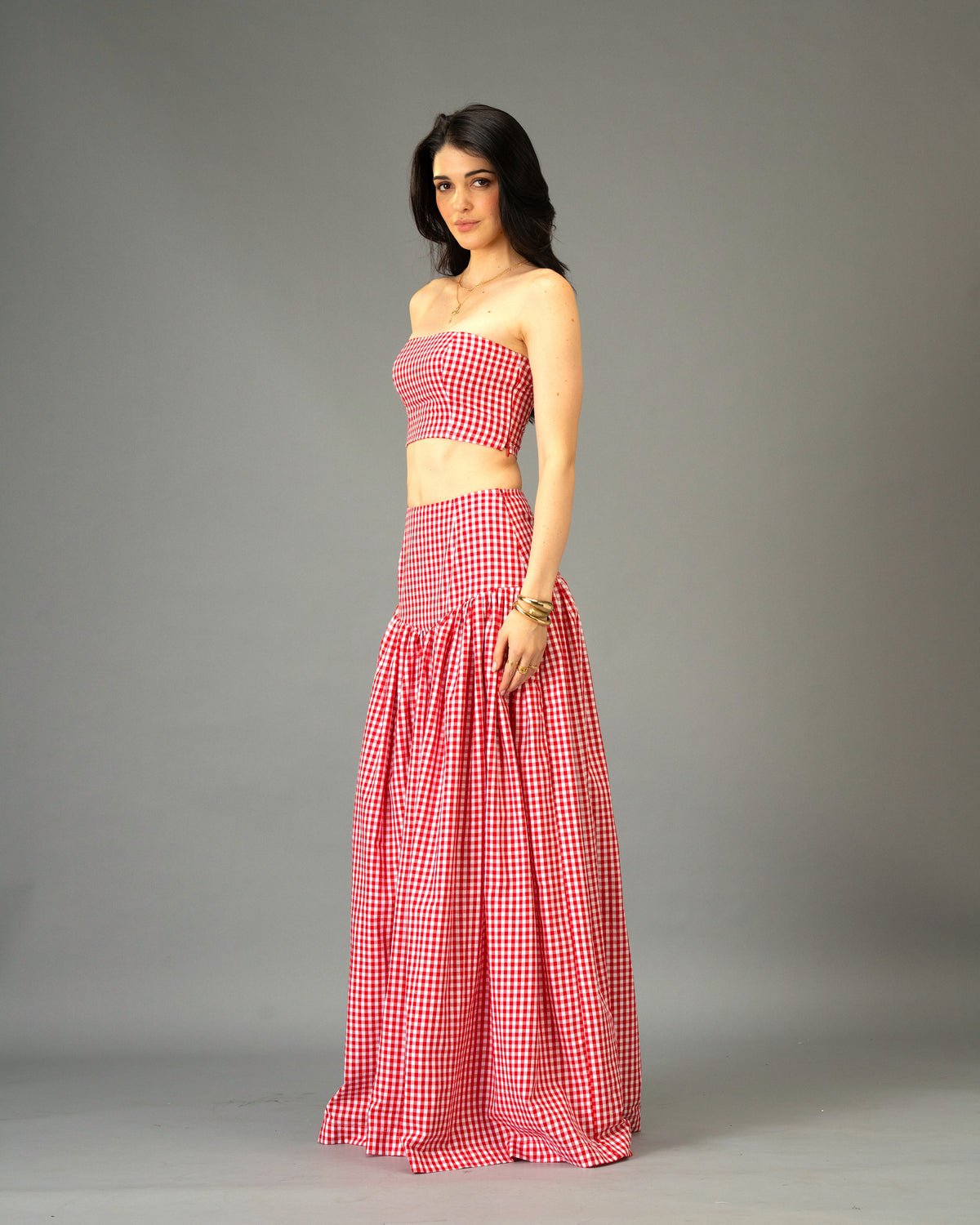 Poppy Field Orange Gingham Tiered Maxi Skirt