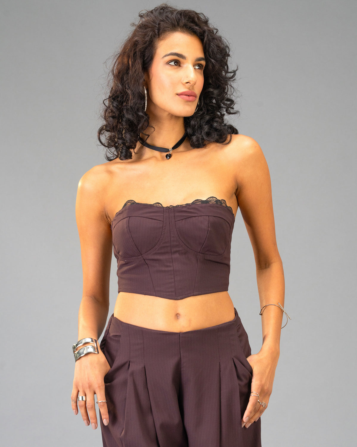 Plum Moon Deep Plum Strapless Corset Top with Black Lace Bust Trim