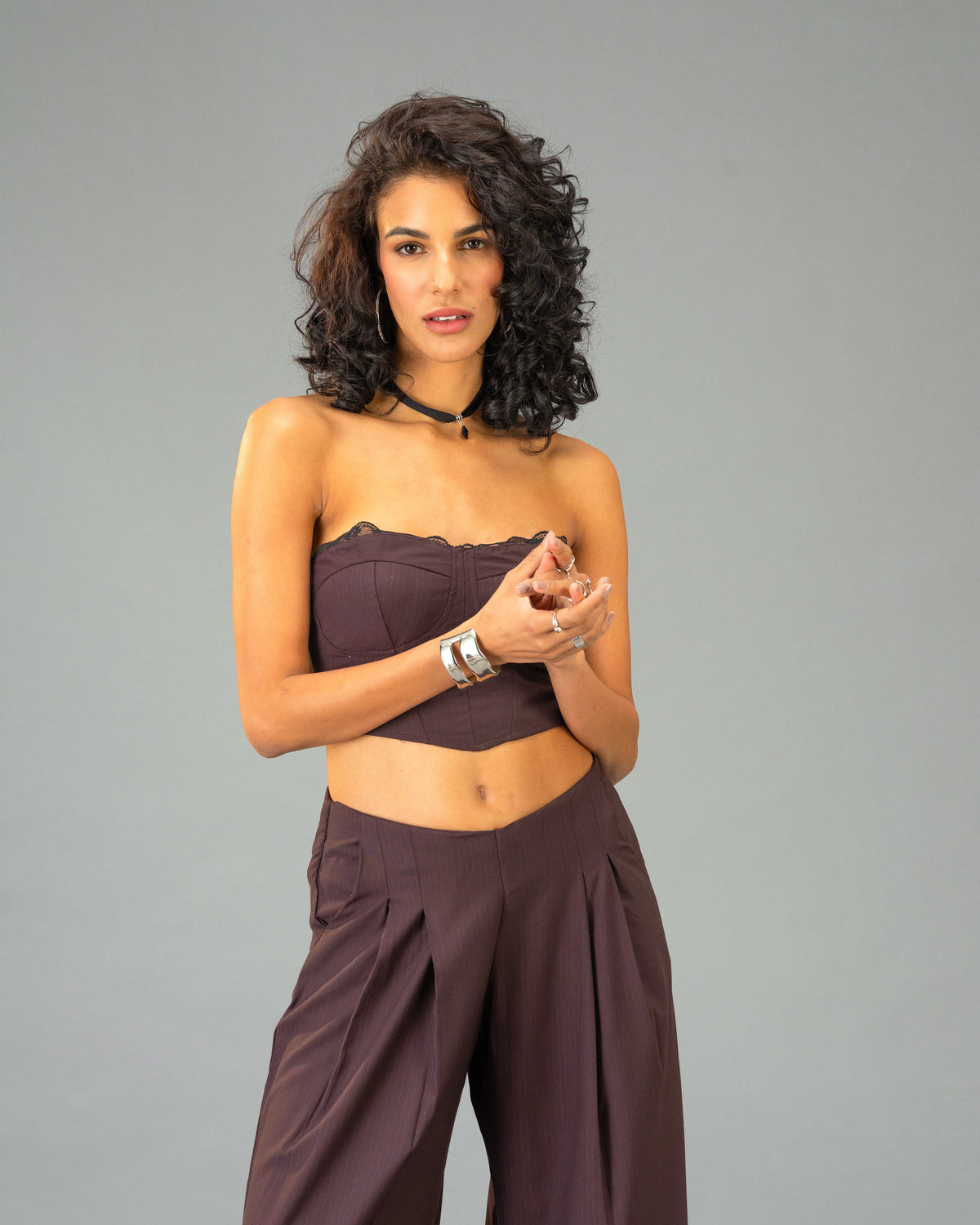 Plum Moon Deep Plum Corset Top with Lace Trim and Wide Leg Trousers