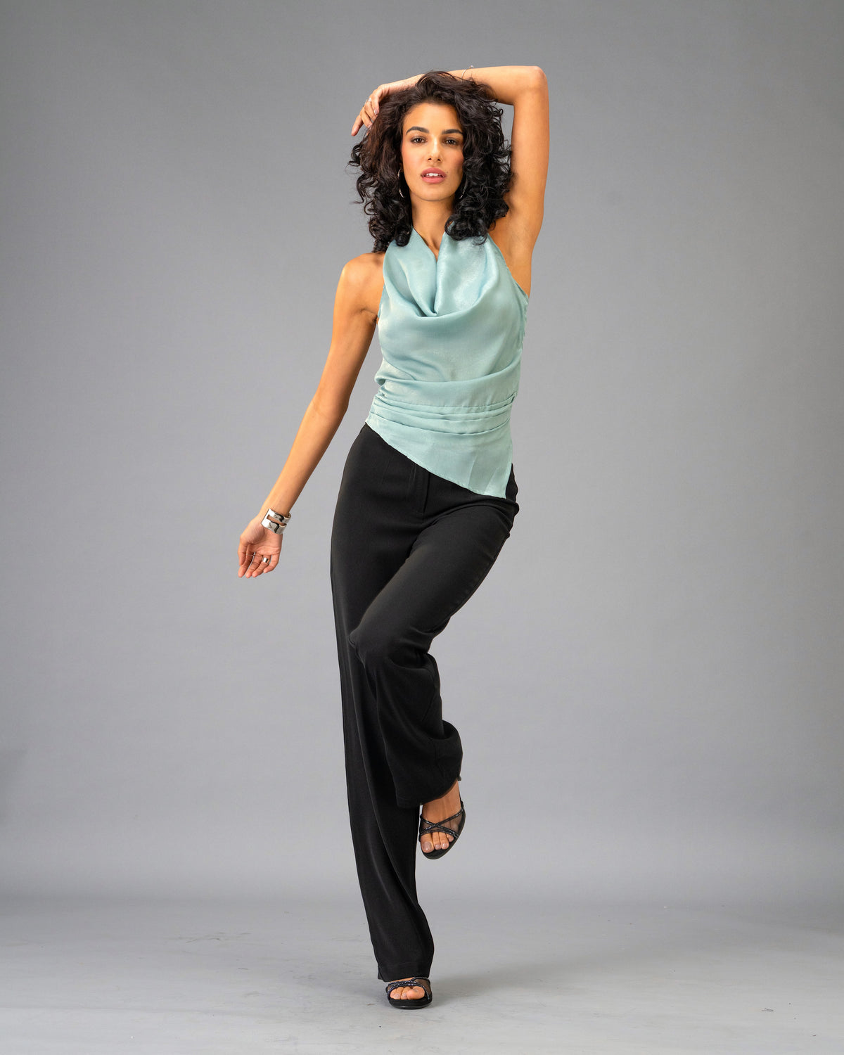 Velvet Eclipse Sage Draped Halter Top with Black Wide Leg Trousers Coord Set