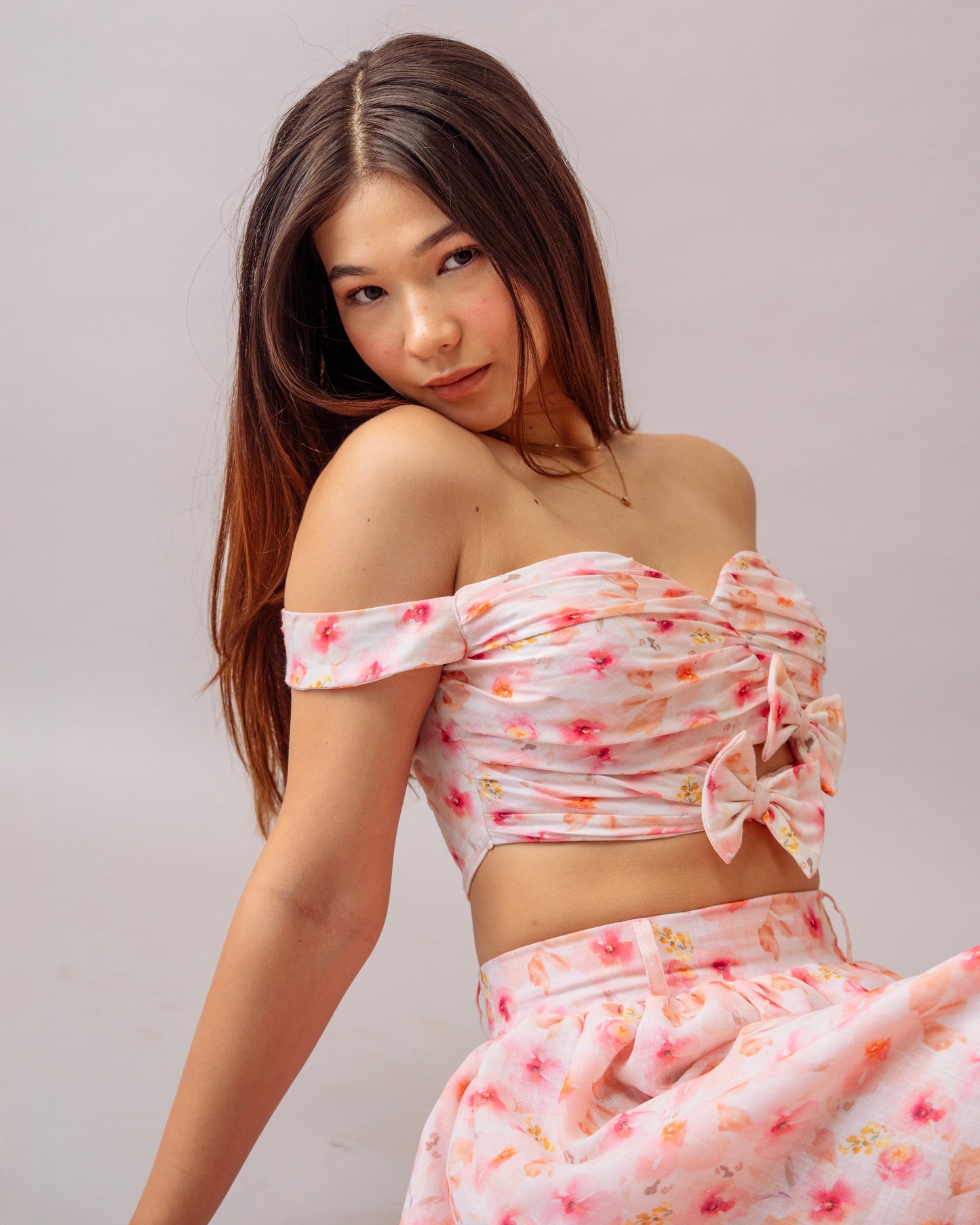 Pink Bloom Set – Printed Off-Shoulder Floral Crop Top and Maxi Skirt Co-ord Set for Women