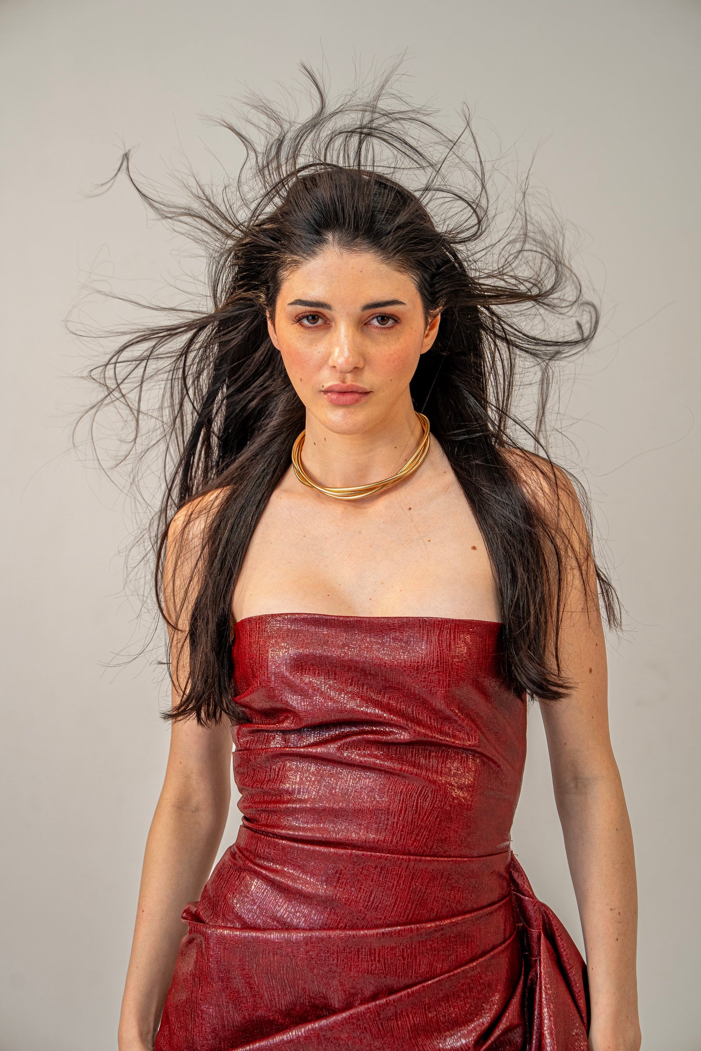 Molten Maroon Velvet – Textured Maroon Leather Strapless Asymmetric Dress for Women