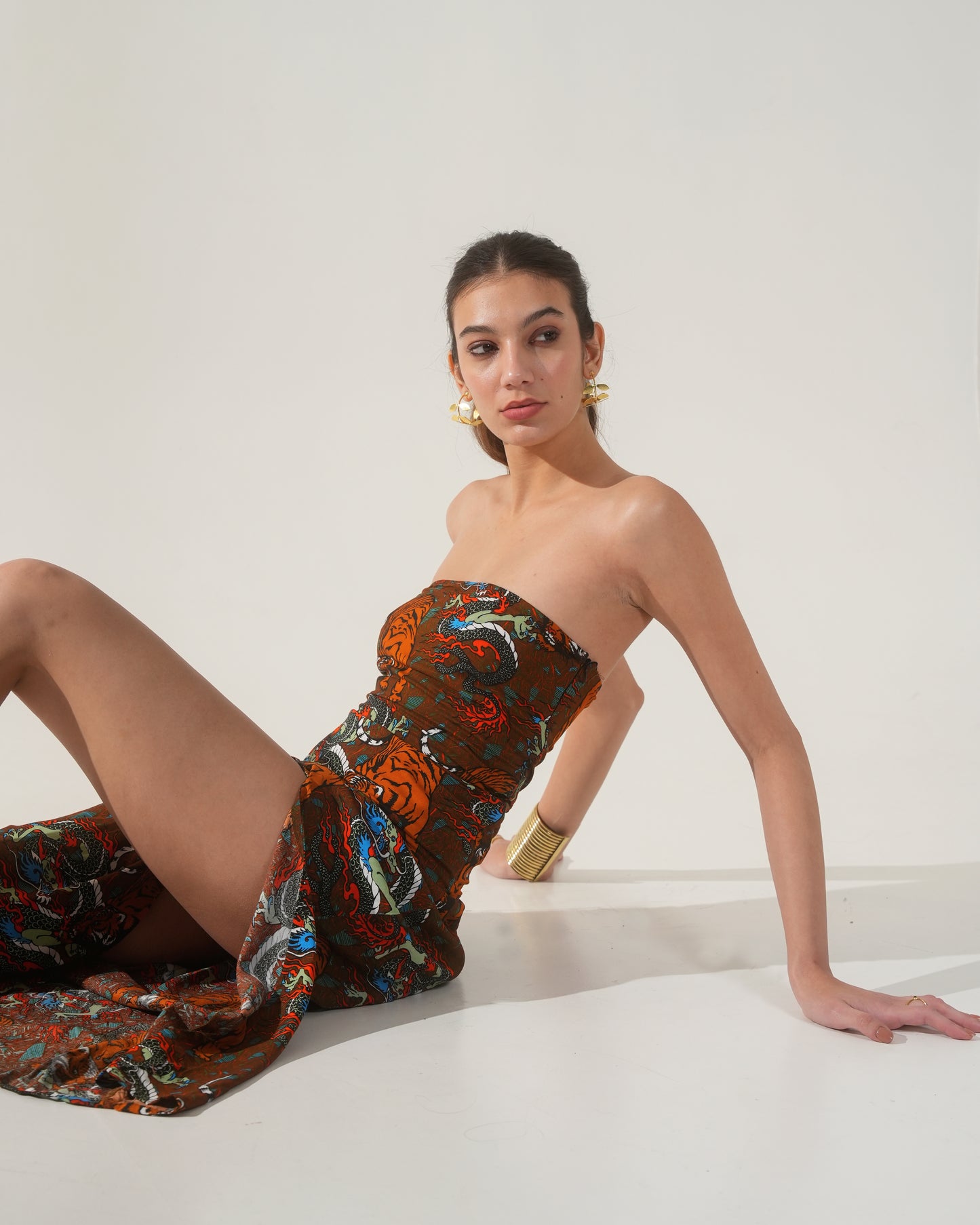 Maya Tiger Print Strapless Midi Dress – Bodycon Slit Dress for Women