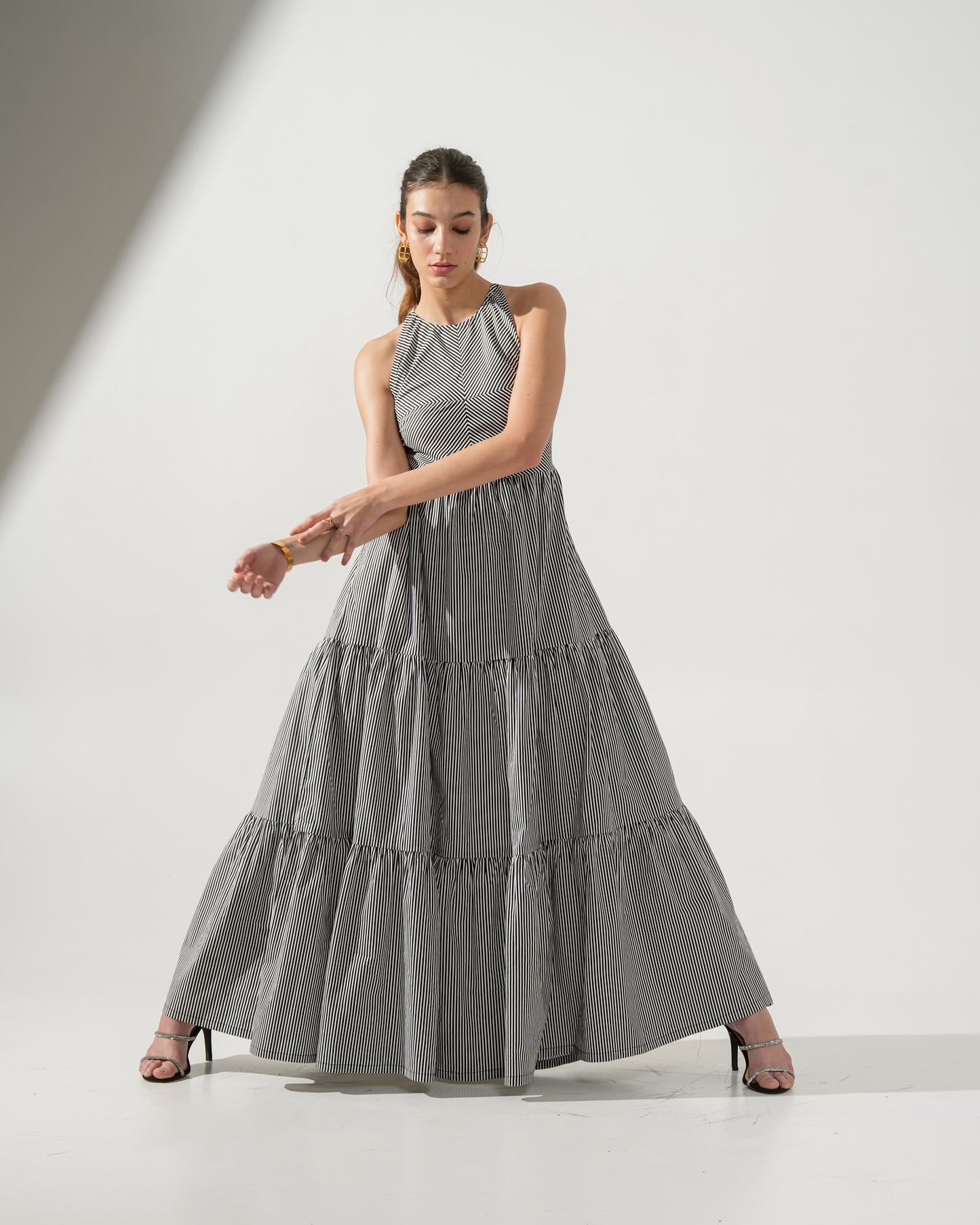 Cleopatra Maxi Striped Halter Backless Cotton Dress for Women