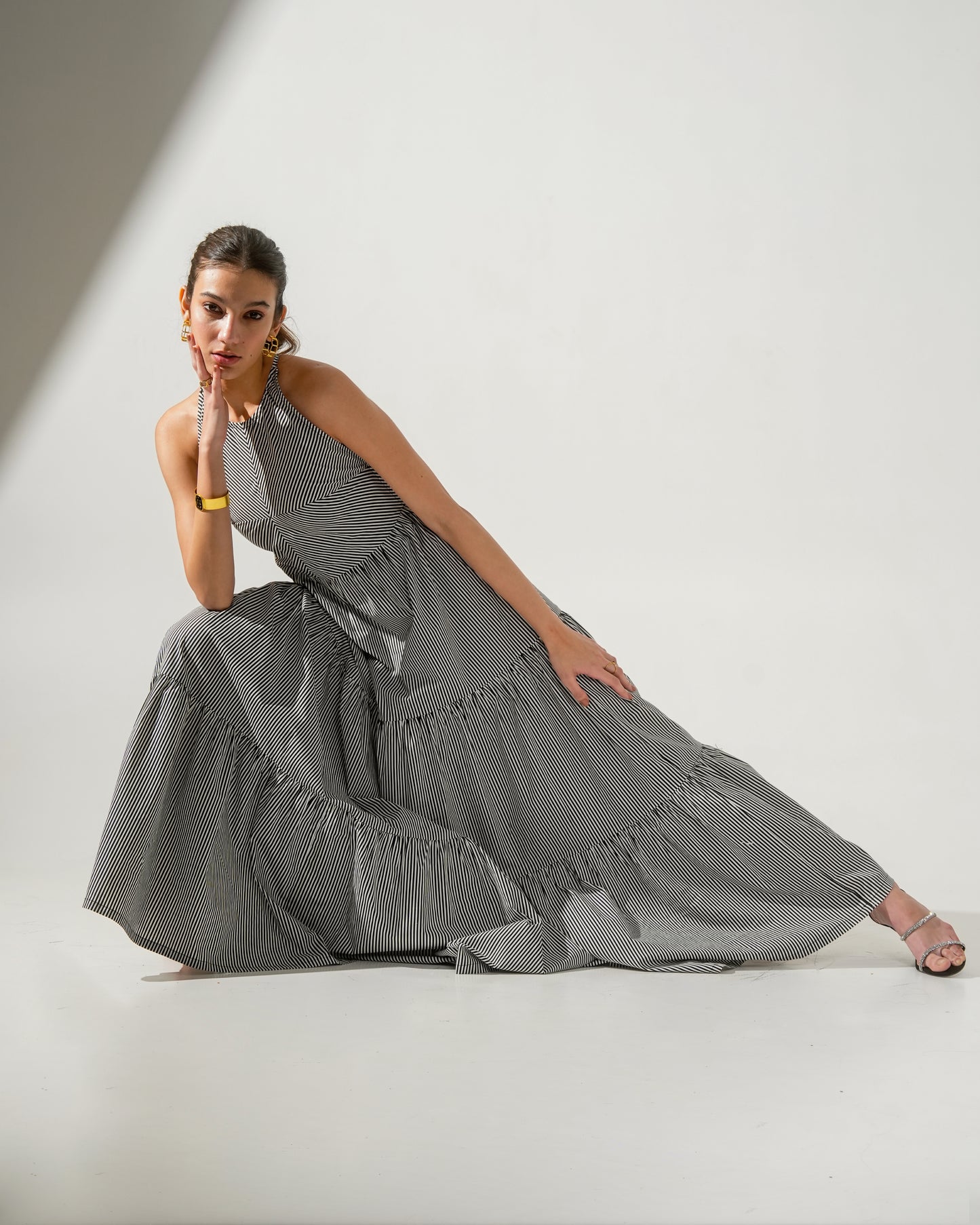 Cleopatra Maxi Striped Halter Backless Cotton Dress for Women