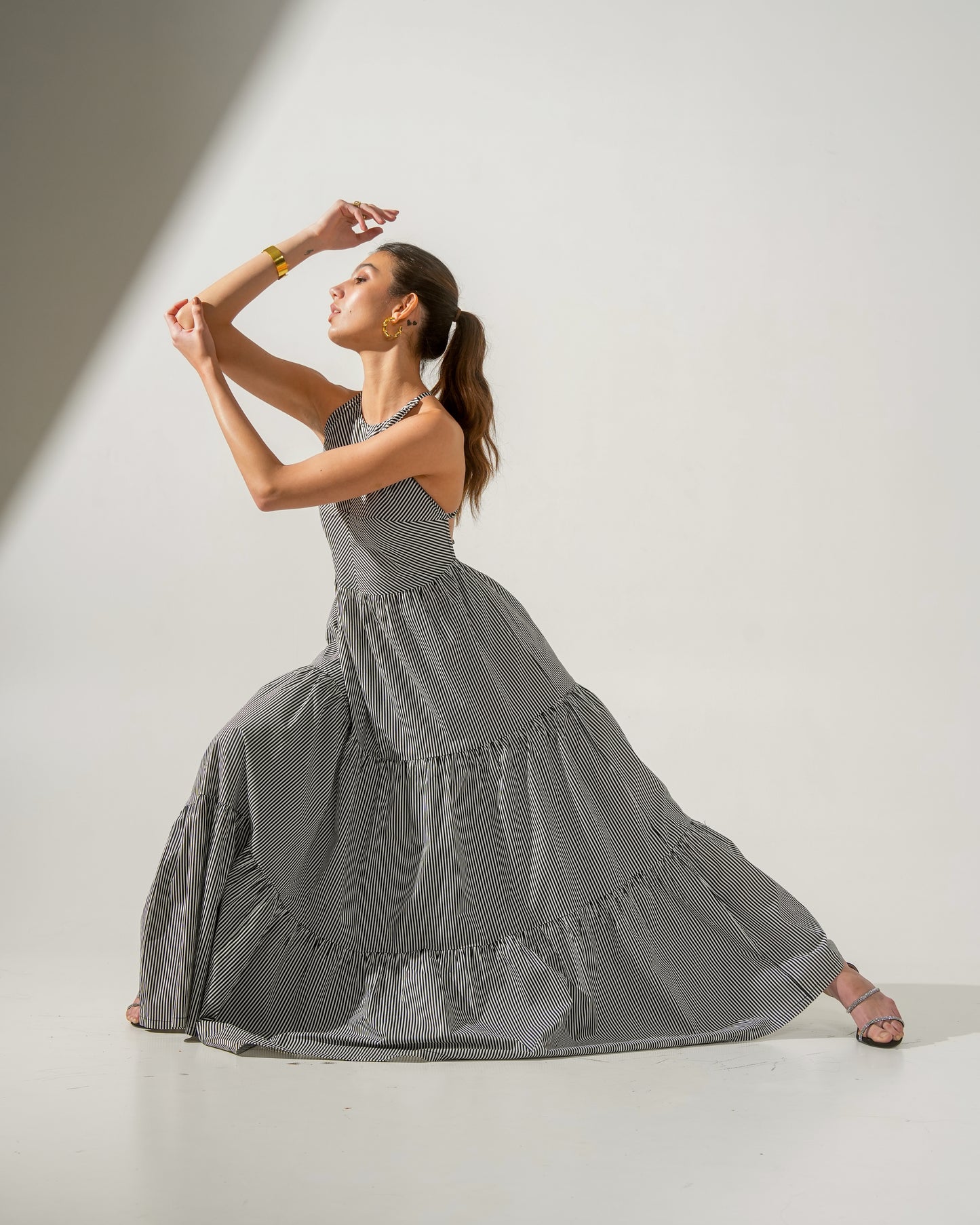 Cleopatra Maxi Striped Halter Backless Cotton Dress for Women