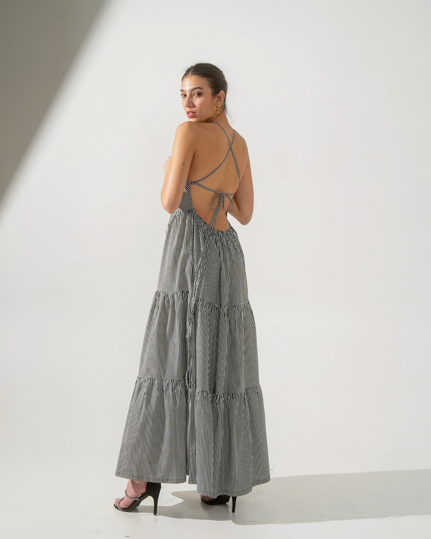 Cleopatra Maxi Striped Halter Backless Cotton Dress for Women