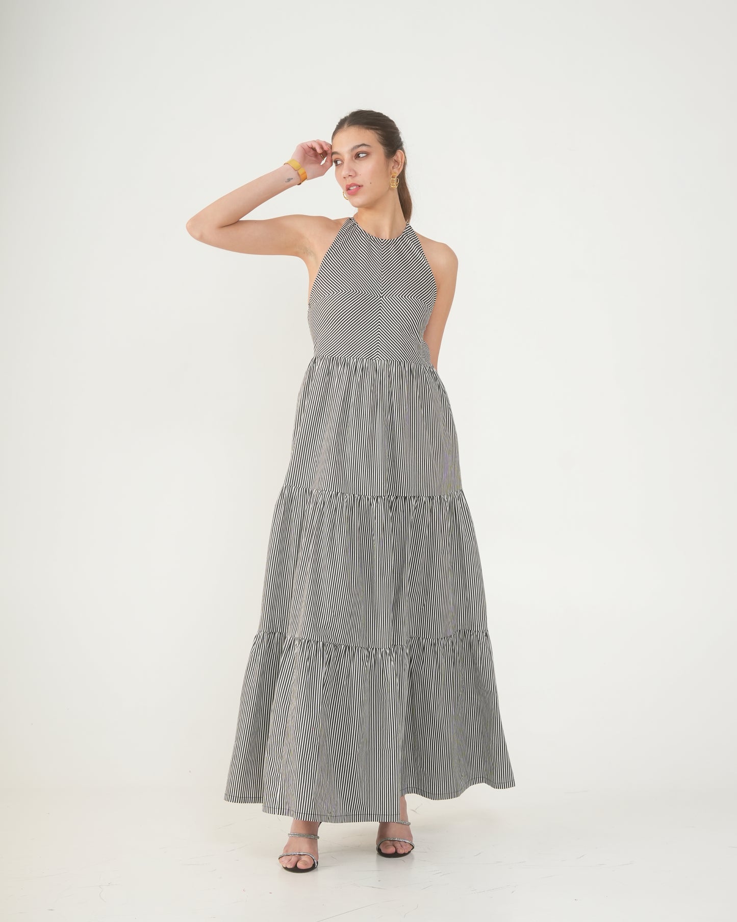 Cleopatra Maxi Striped Halter Backless Cotton Dress for Women