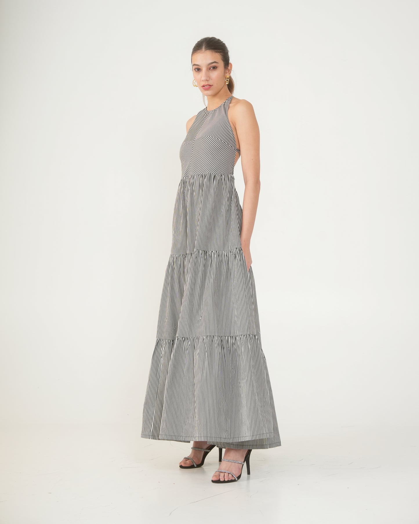 Cleopatra Maxi Striped Halter Backless Cotton Dress for Women