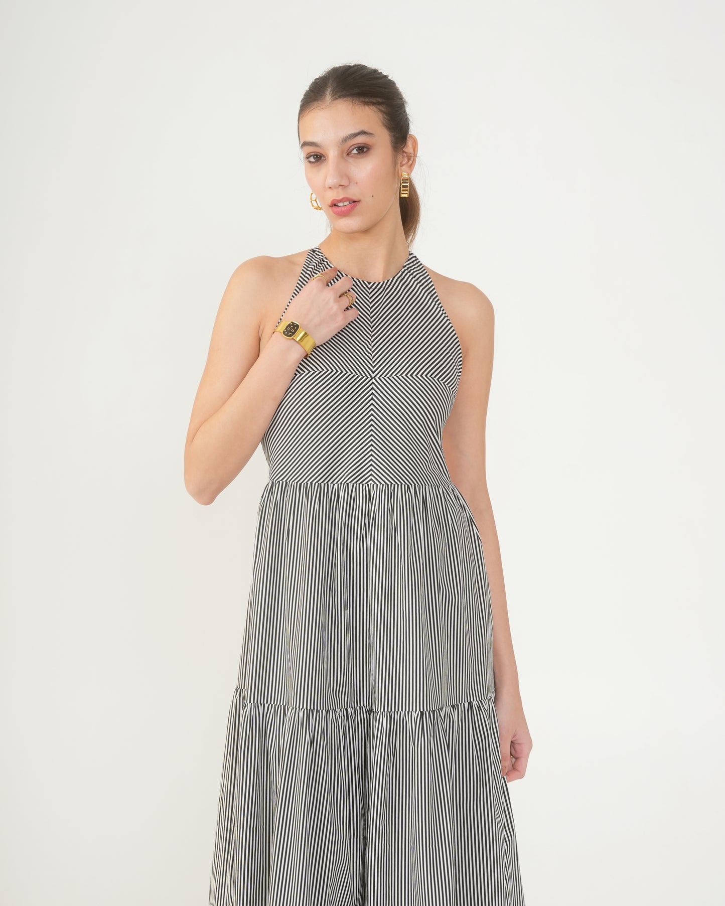 Cleopatra Maxi Striped Halter Backless Cotton Dress for Women