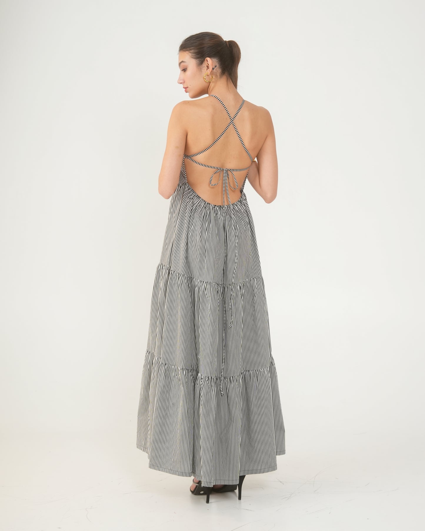 Cleopatra Maxi Striped Halter Backless Cotton Dress for Women