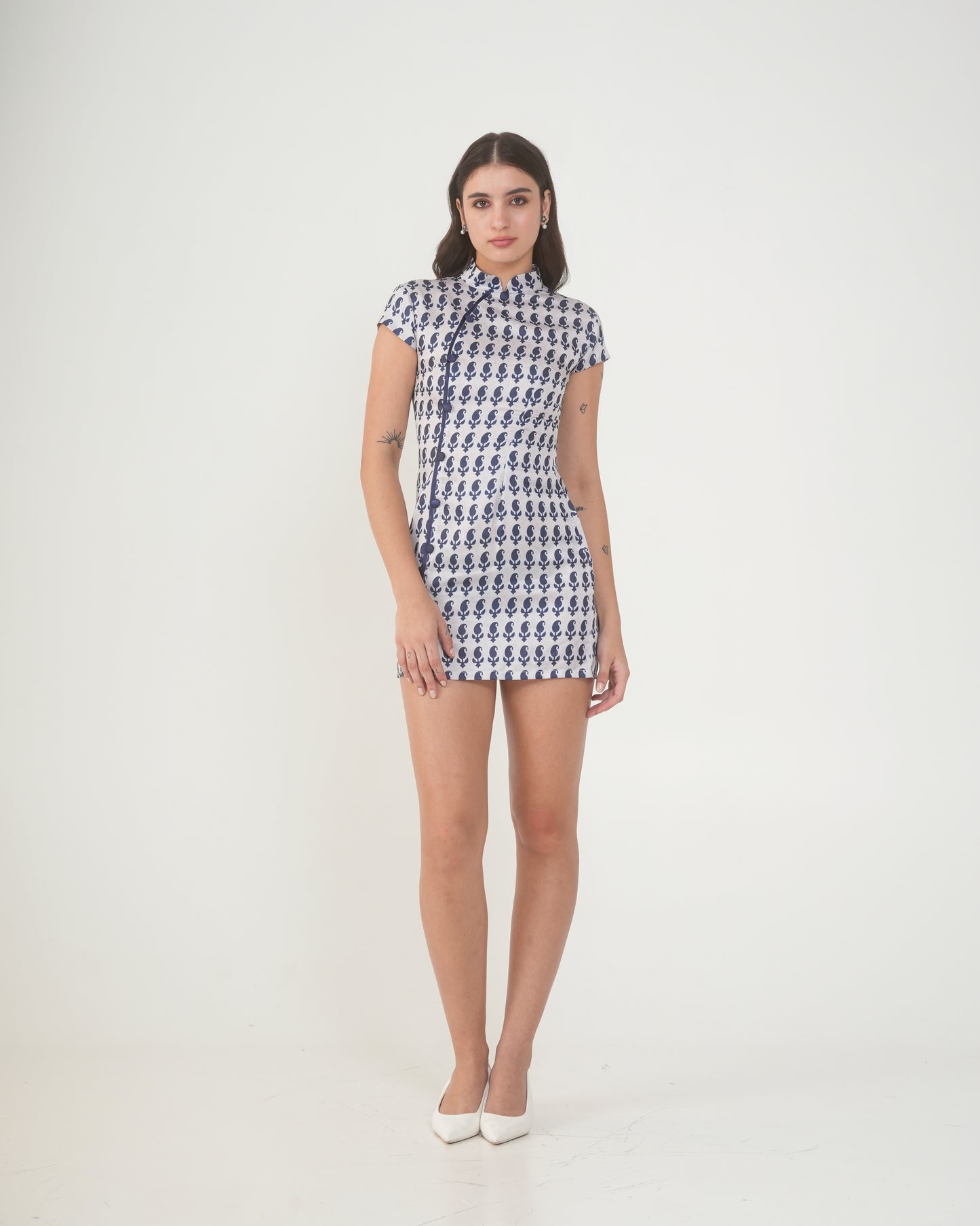 Leia Indigo Print Mini Dress – Mandarin Collar Bodycon Dress for Women