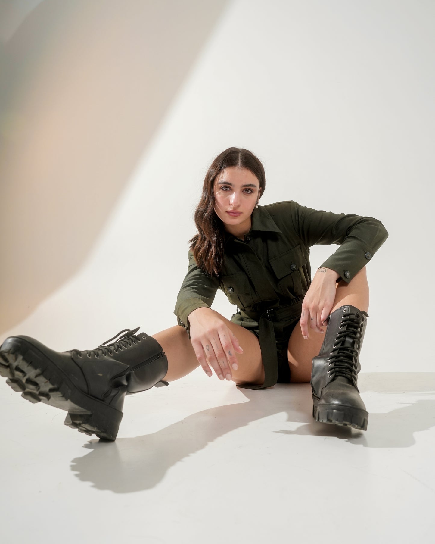 Nefertiti Short Women's Army Green Utility Romper – Belted Playsuit