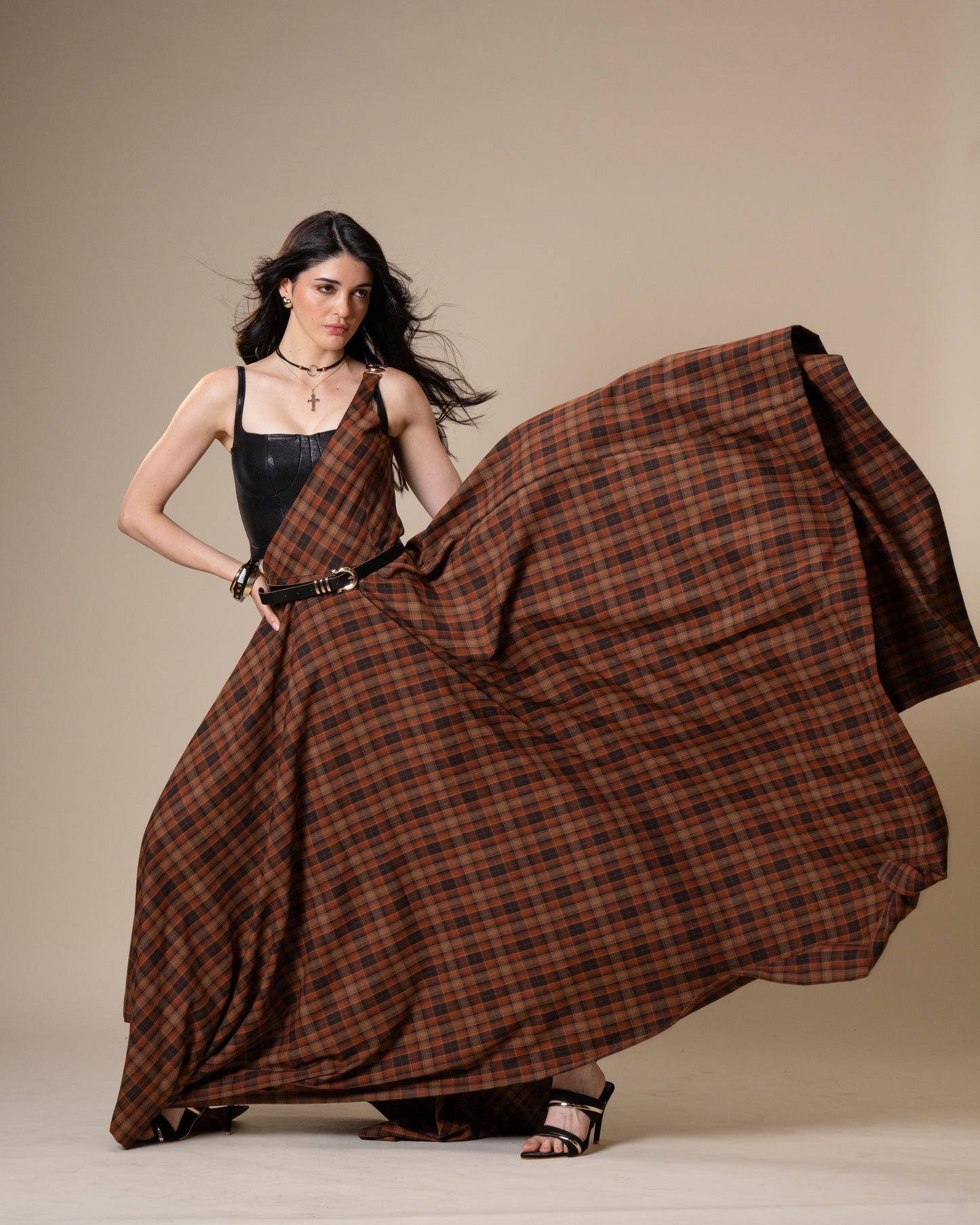 Disrupt Coordset - Black Leather Corset Top & Plaid Maxi Skirt