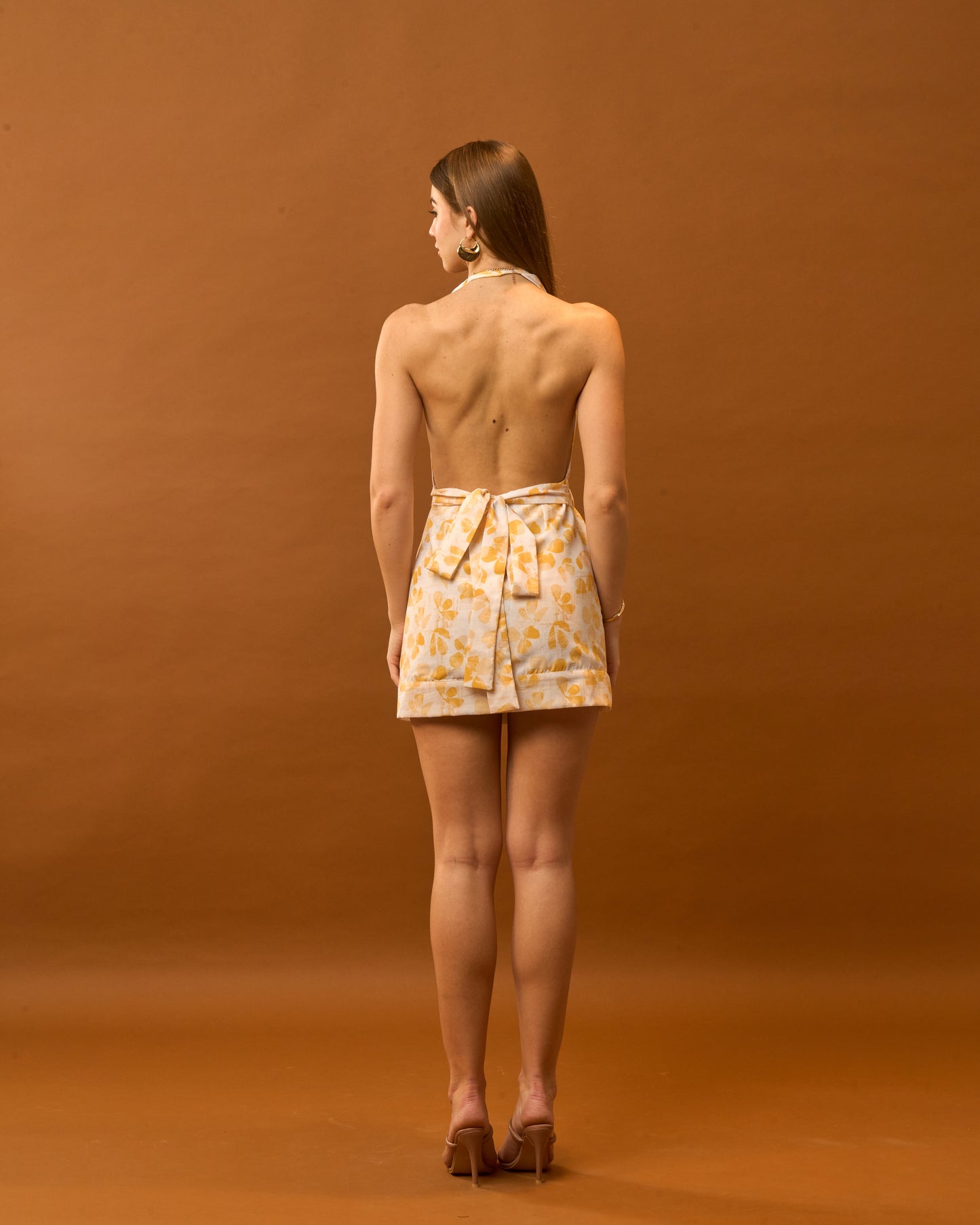 Rust Yellow Floral Backless Wrap Mini Dress for Women