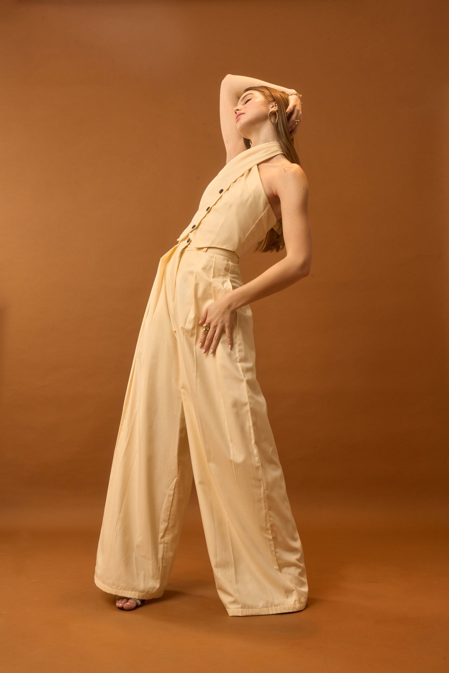 Pastel Daisy High-Waist Wide-Leg Trousers for Women – Flowy Beige Pants