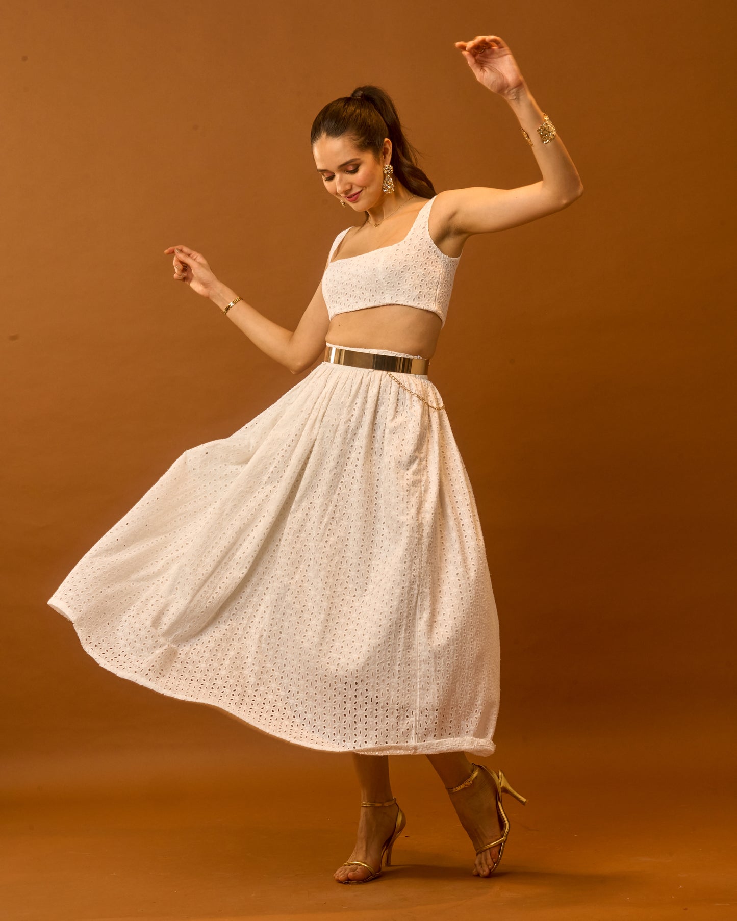 Dew Drop White Eyelet Embroidered Women's Co-ord Set – Cotton Crop Top & High-Waist Midi Skirt