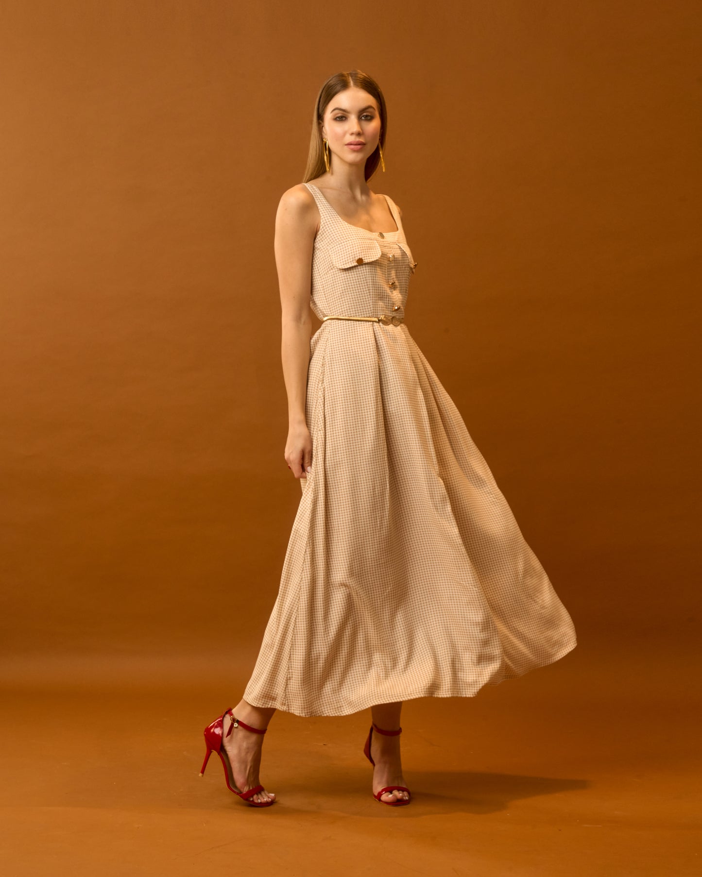 Sunday Breeze Beige Gingham Cotton Maxi Dress for Women – Sleeveless Button Detail