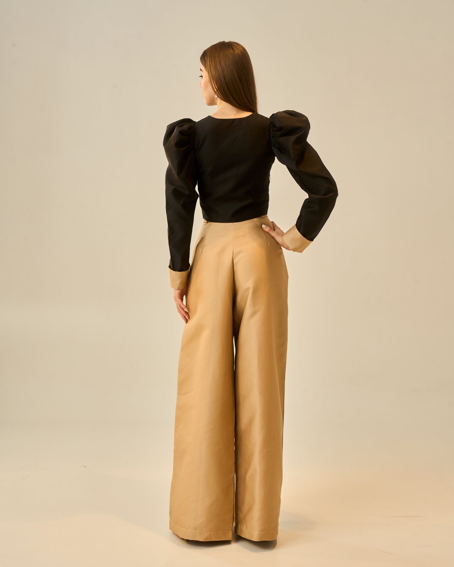 Honey Haze Women’s Co-ord Set – Black Puff Sleeve Top & Camel Wide-Leg Trousers