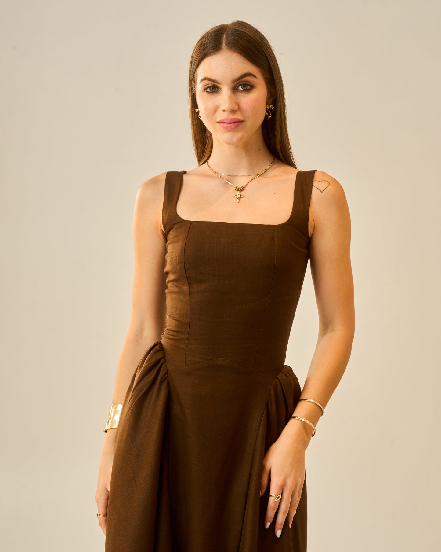 Chestnut Dusk Brown Sleeveless Women Midi Dress – Square Neck A-Line Fit