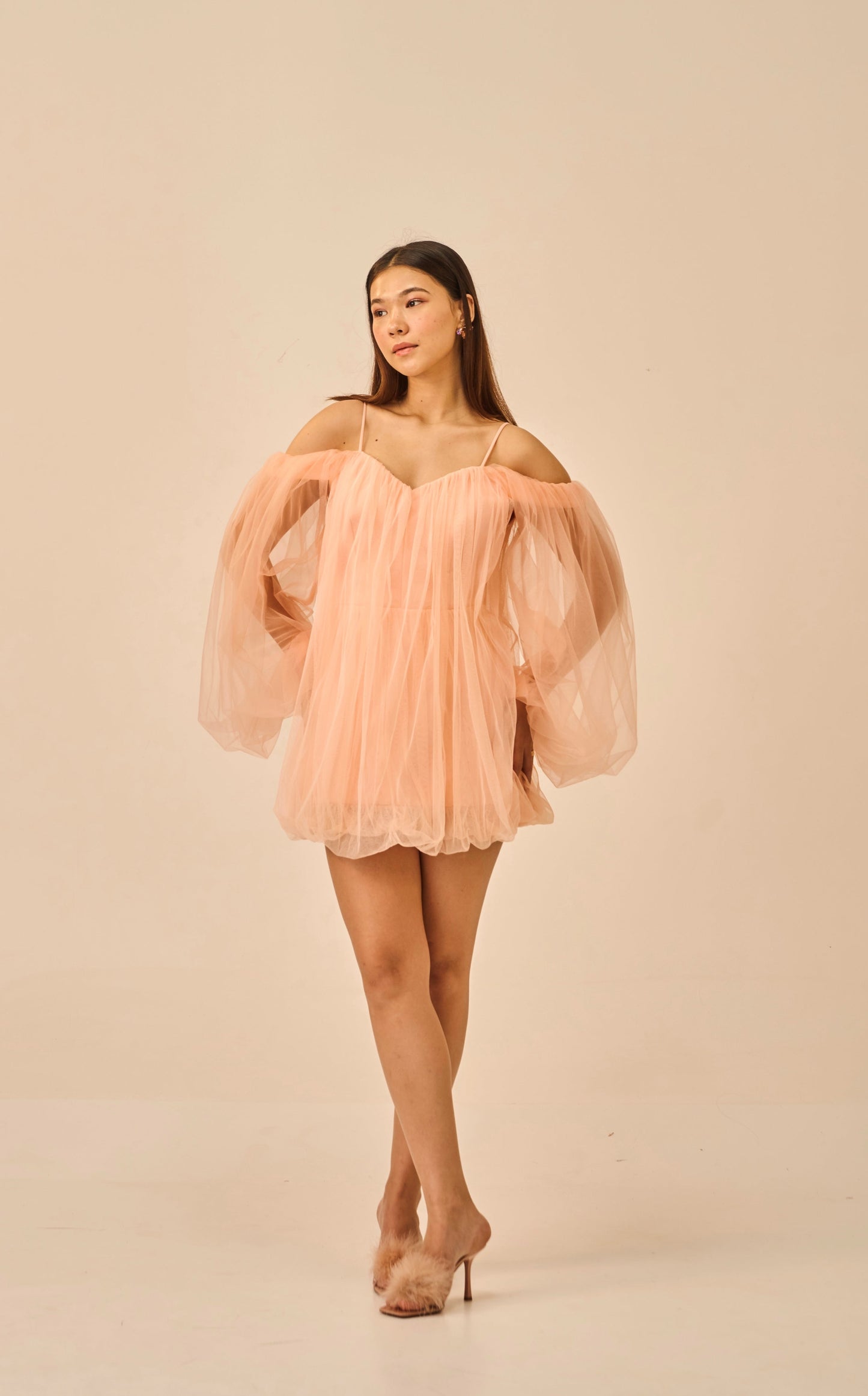 Barely Blushed – Peach Off-Shoulder Tulle Mini Dress for Women