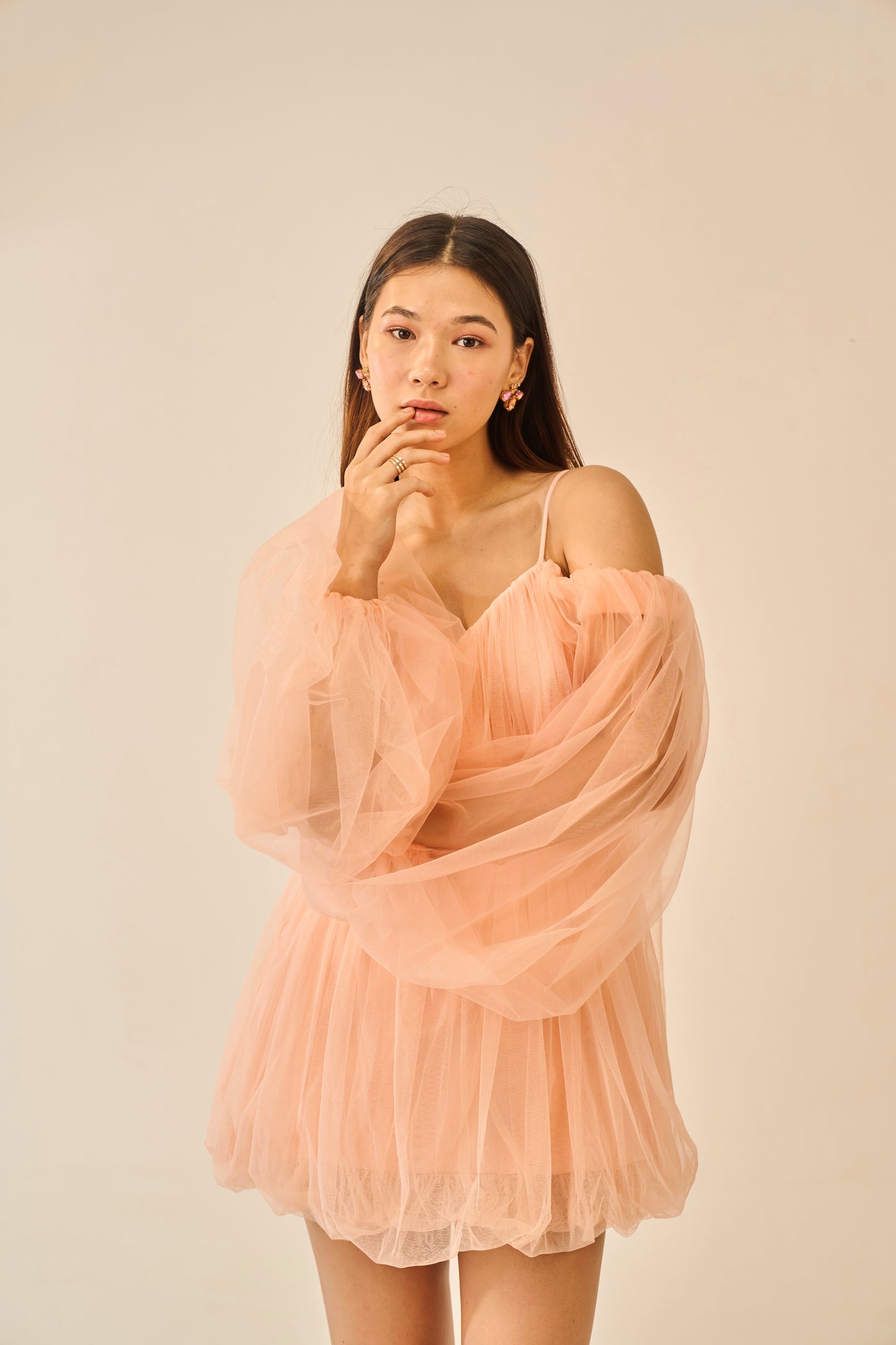 Barely Blushed – Peach Off-Shoulder Tulle Mini Dress for Women