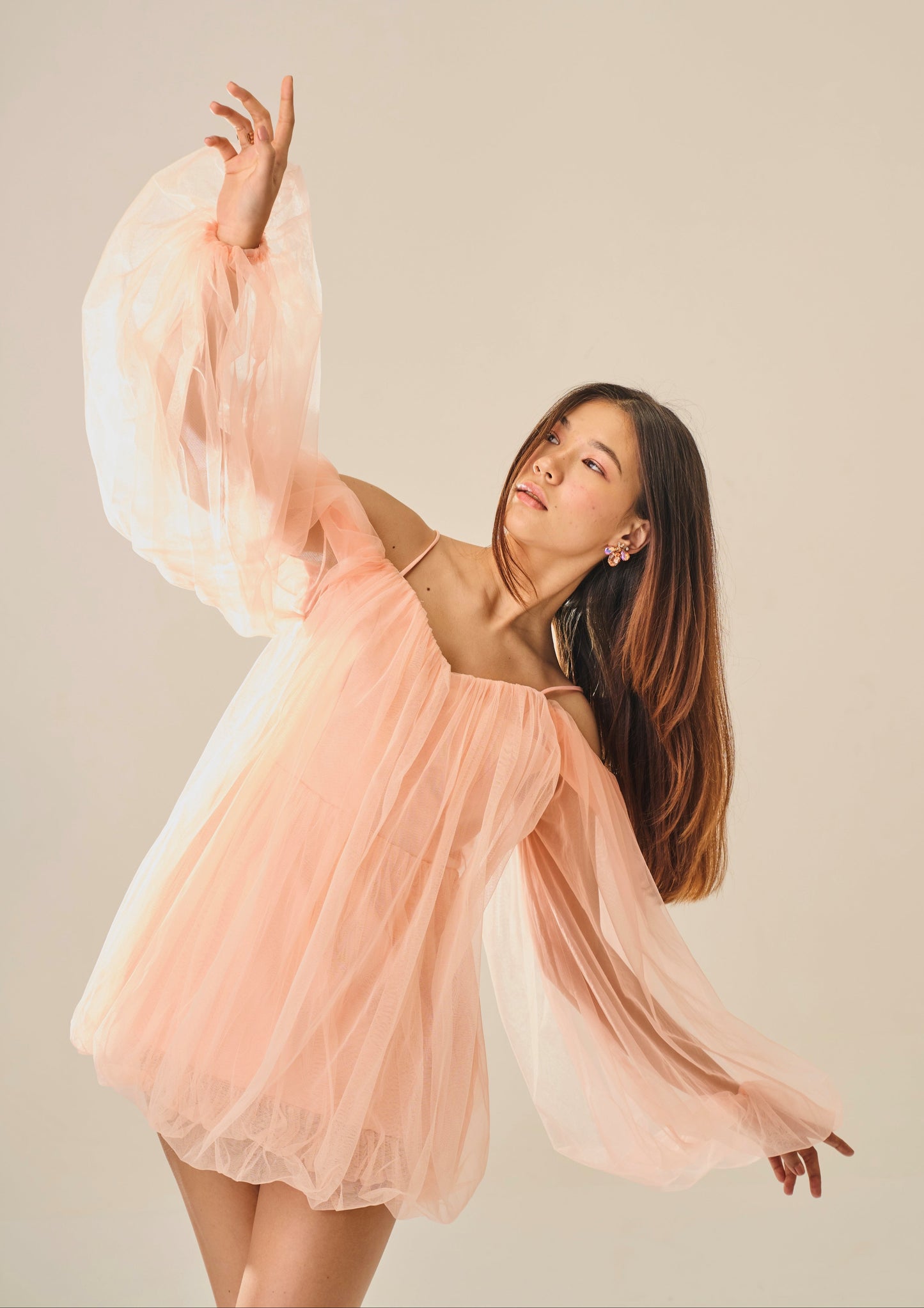 Barely Blushed – Peach Off-Shoulder Tulle Mini Dress for Women