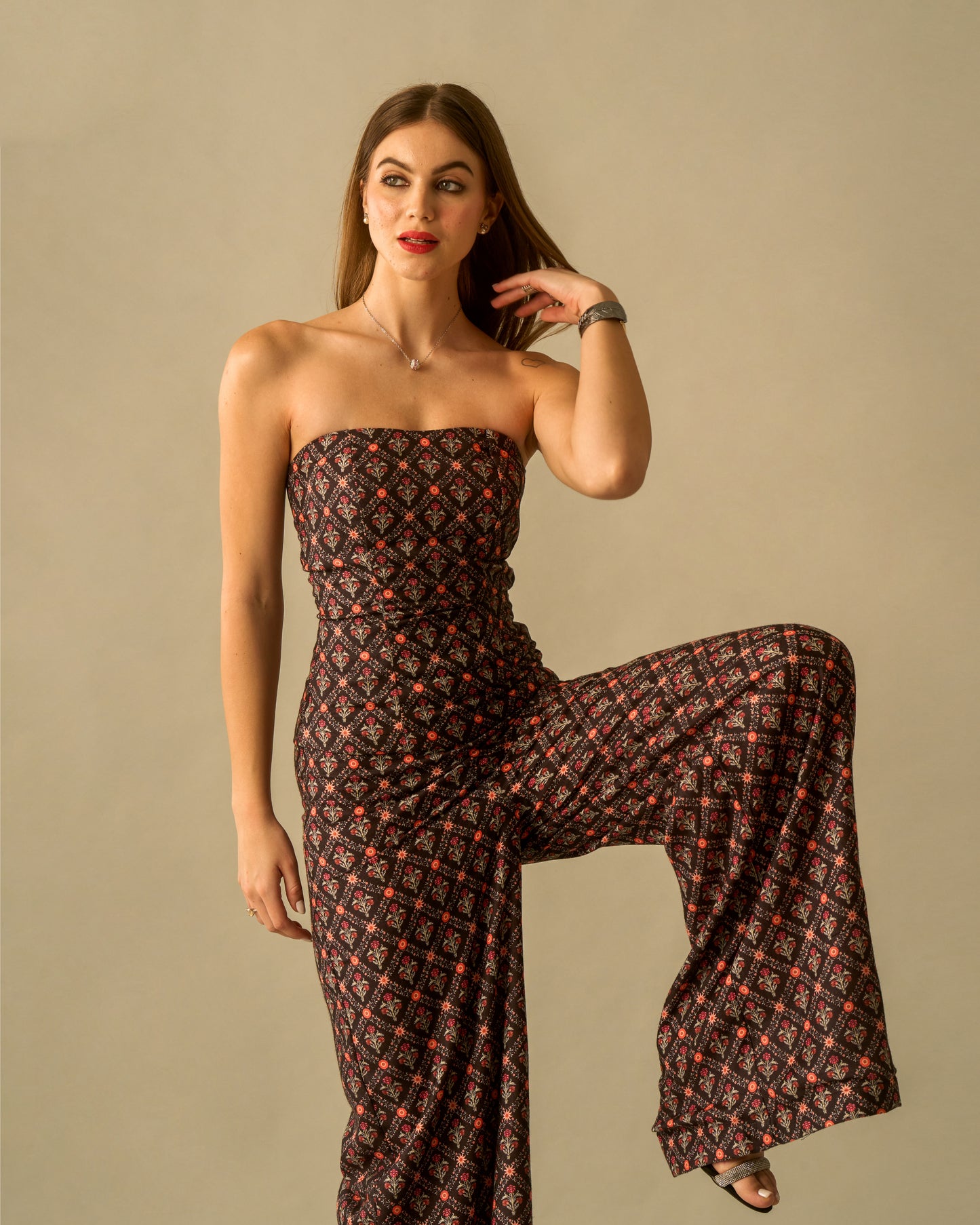 Midnight Romance Bandeau Smocked Printed Top for Women – Geometric Floral Bodice