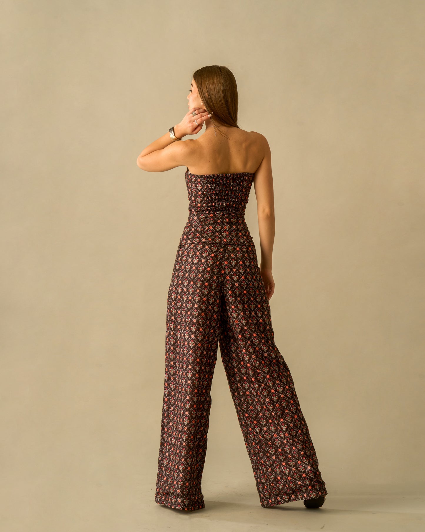 Midnight Romance Wide-Leg Printed Trousers for Women – High-Waist Flowy Pants in Geometric Floral Print
