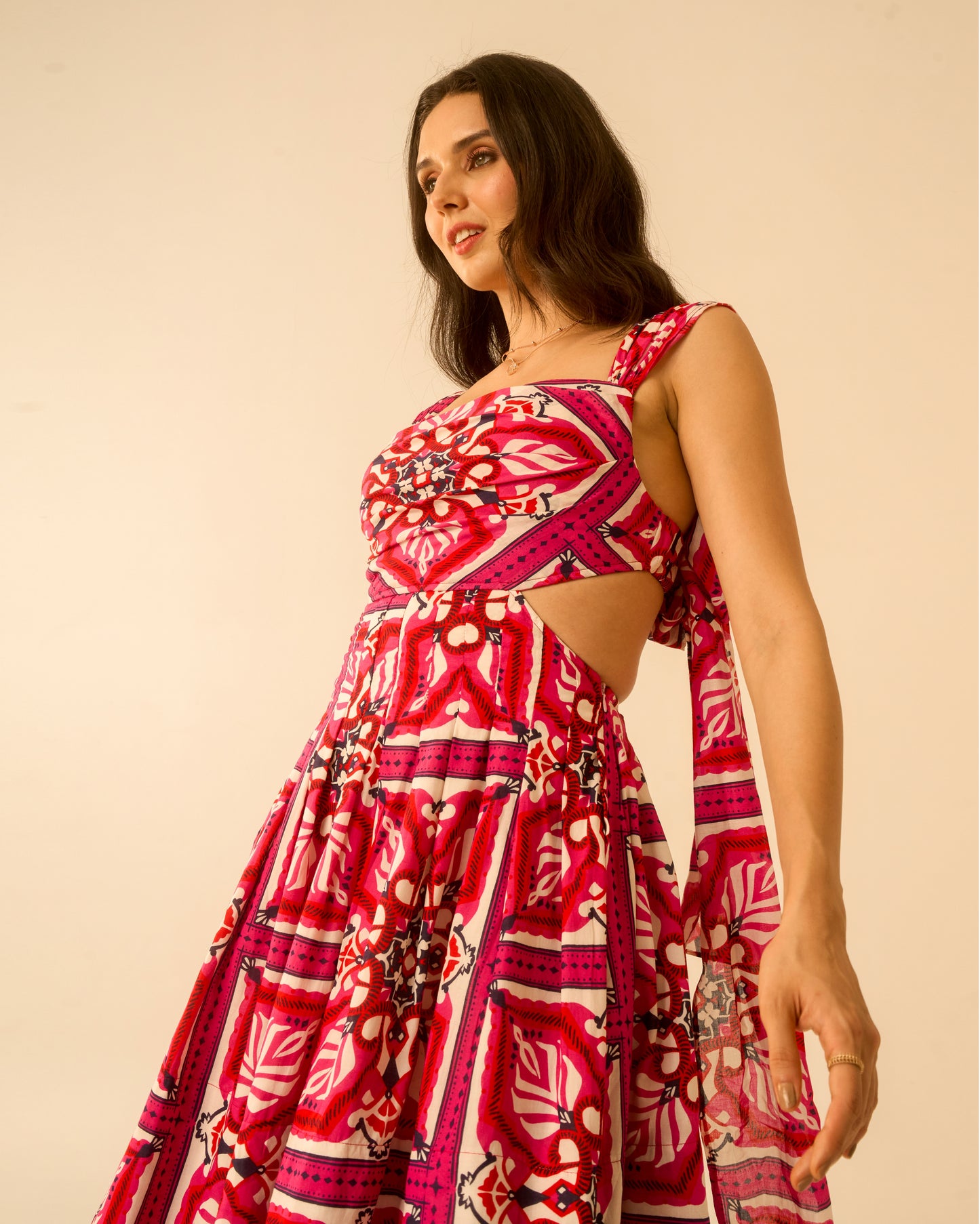 Floral Bliss Fuchsia Pink Cut-Out Midi Dress for Women – Sleeveless Tie-Back Floral Print Dress