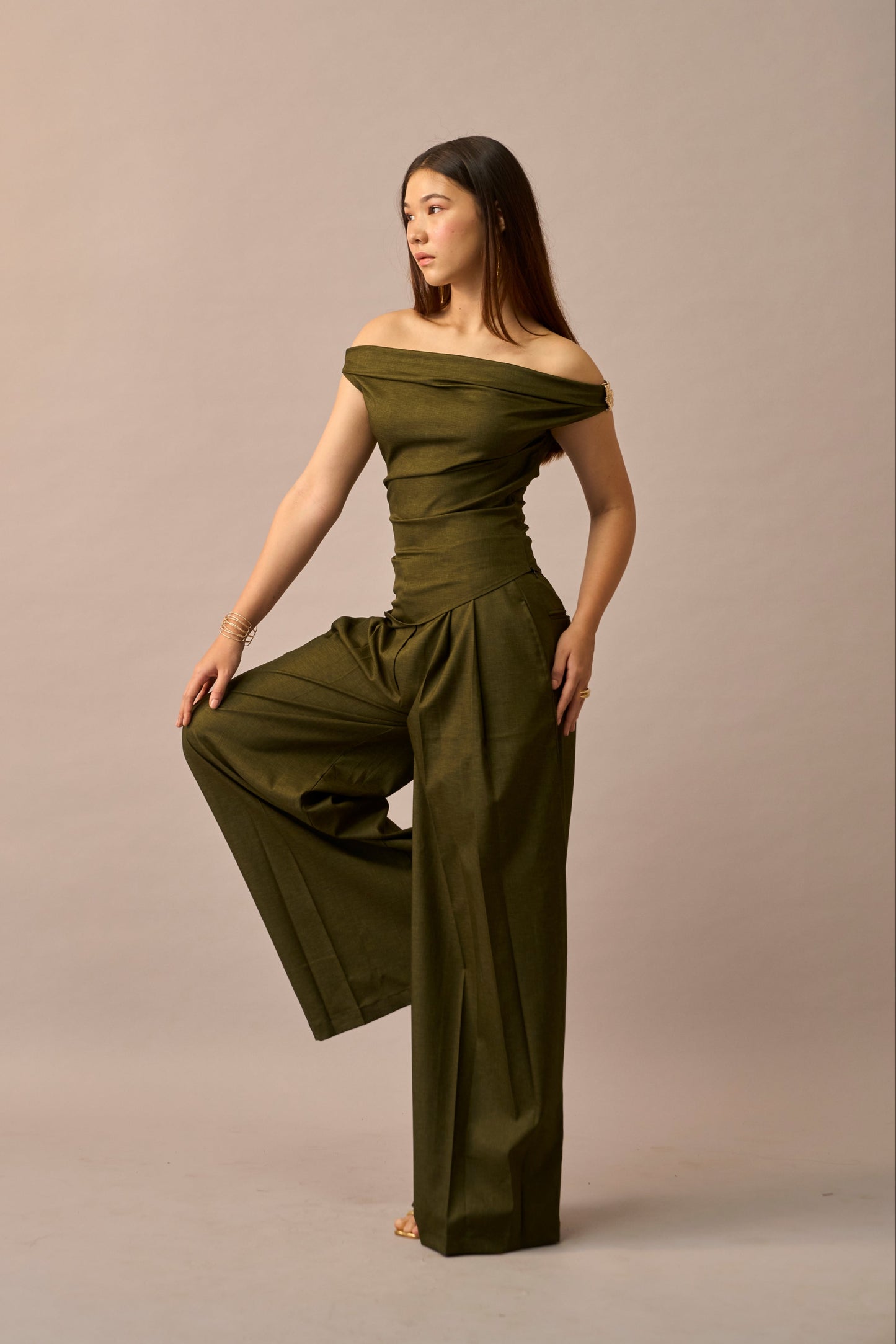 Moss Melt – Olive Wide Leg Trousers for Women